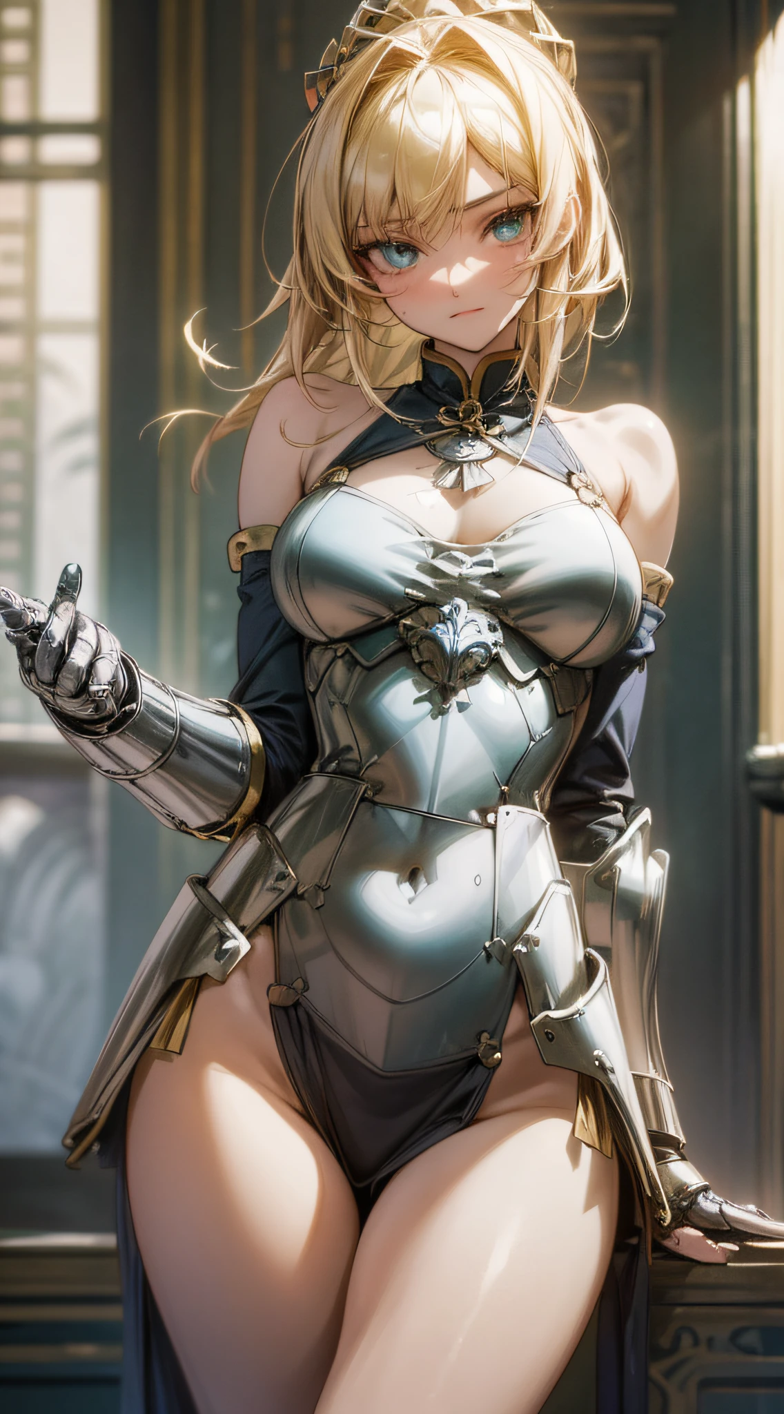 masterpiece, best quality, high resolution, super detailed, art book, anime coloring, CG, illustration, fantasy, 1 girl, solo, blood, bare shoulders, bare thighs, bare, male focus, looking at the audience, attoria pendragon \ (destiny \), armor, detailed beautiful face and eyes, full body , mild sunlight ,warm environment, capable slender figure, big breasts ,dexterous dynamics, dim light gathered around the girl, chinoiserous scene --auto --s2