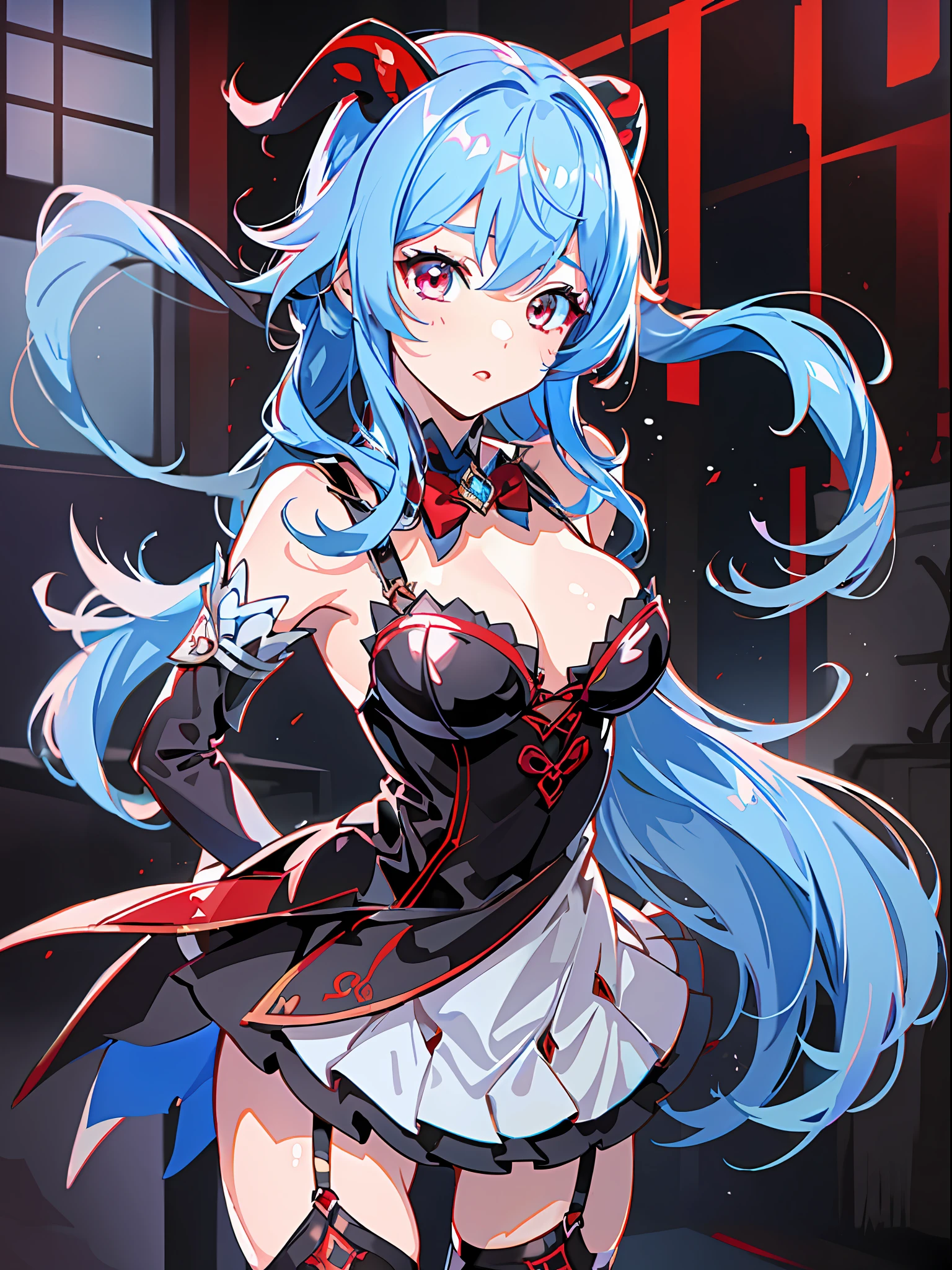 1girl (Masterpiece) (Best Quality) (Shiny Hair) (Glossy Skin), Cross laced footwear, Lace Up Boots, Garter Straps, Wet High Waist Skirt, Salon, Dancing Princess, Ganyu (Genshin Impact\), Light Blue Hair, Red Eyes, Red Horns