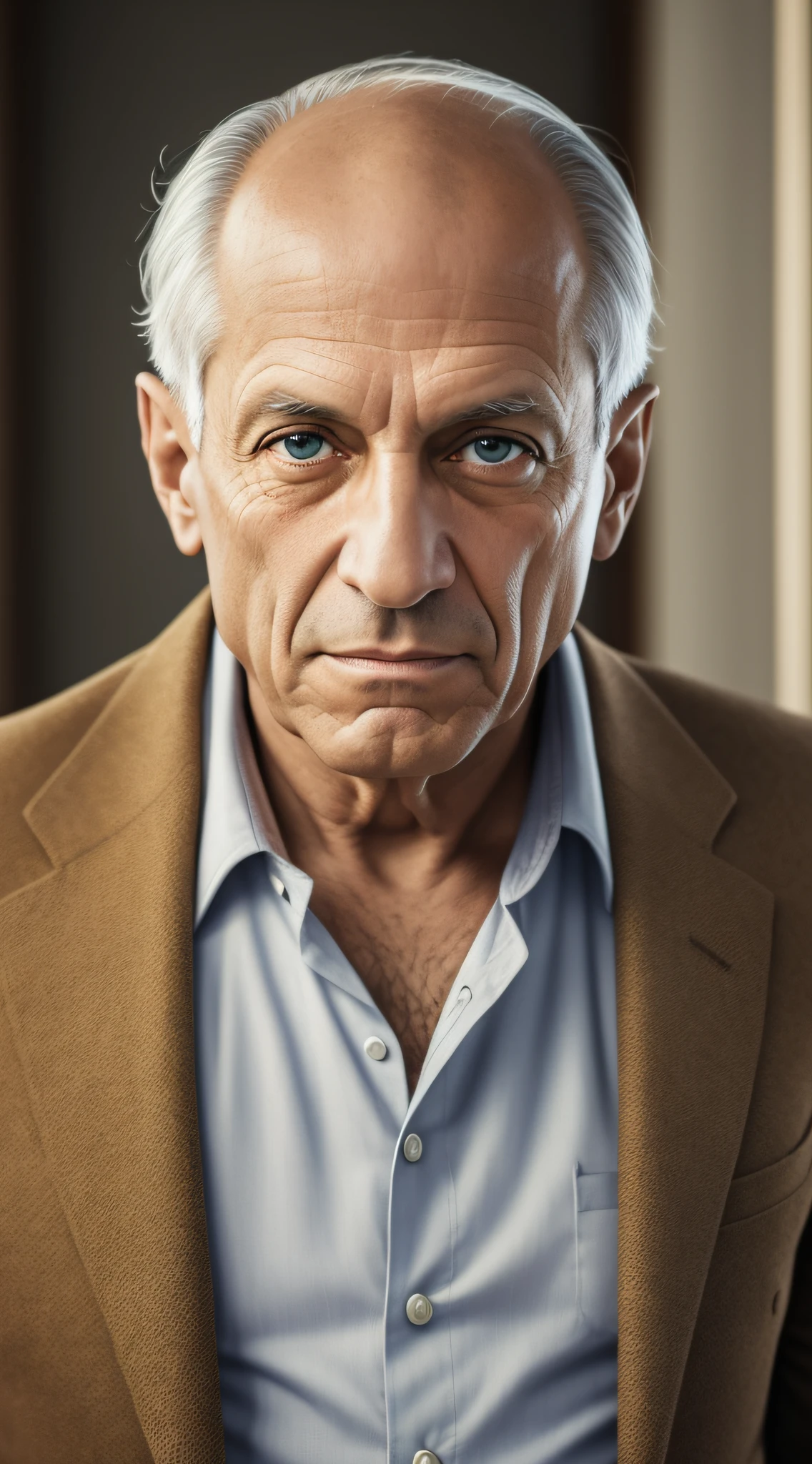 1man, middle male, very Pablo Picasso, very brown eyes, very dark eyes, confident, convincing, delight, front look, portrait, 4k, high-res, masterpiece, best quality, sharp focus, cinematic lighting --auto --s2