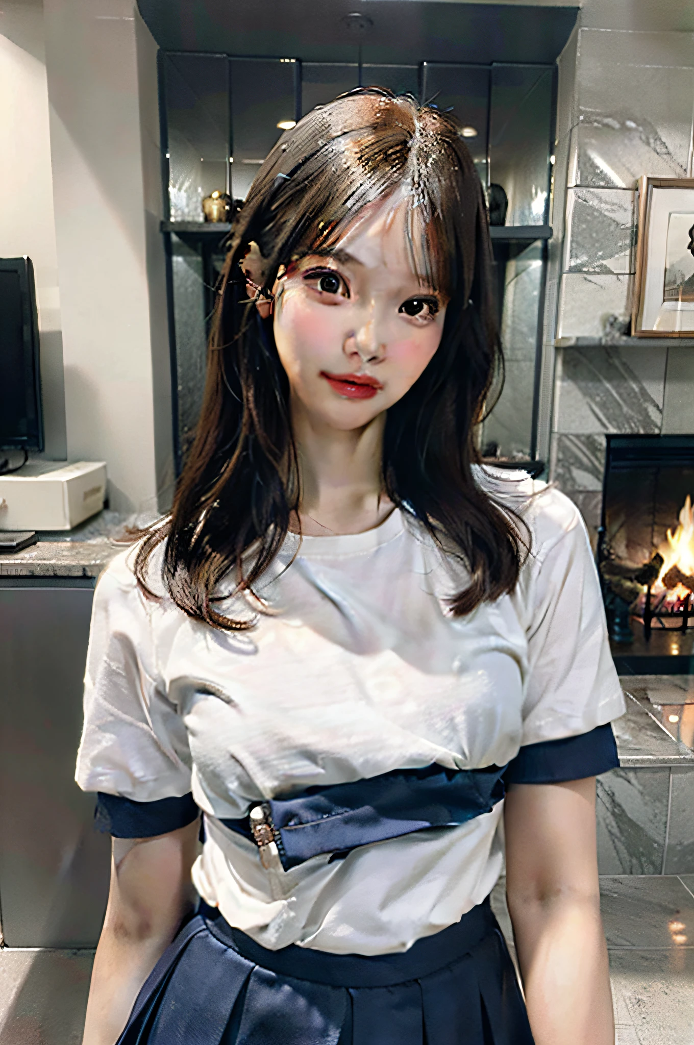 photolike, realistic, a close up of a woman in a skirt and shirt posing for a picture in a living room next to a fireplace, 8k, a hyperrealistic schoolgirl, hyperrealistic schoolgirl, beautiful upper body, full subject in shot, 1285445247], 2263539546], korean girl, breasts covered and sfw