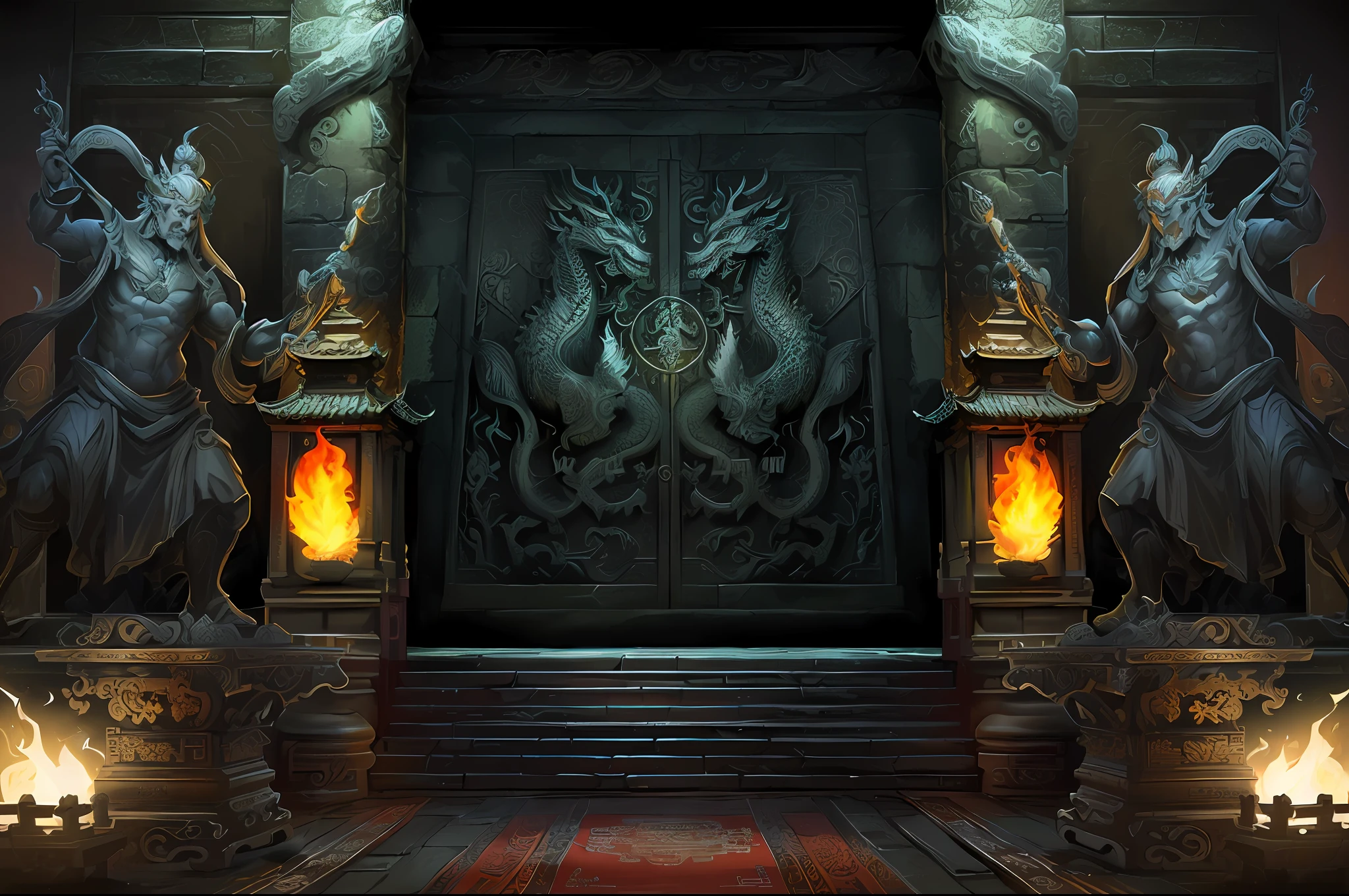 Two Chinese statues in front of the door, with fire, Chinese dungeon background, background artwork, detailed game art, Chinese temple background, rustic throne room, Chinese dragon illustration, dungeon and Chinese dragon, Chinese light kingdom background, Chinese throne room, detailed game art illustration, Chinese mysterious temple setting, Ruina concept art library, interior background art, highly detailed fantasy art --auto --s2