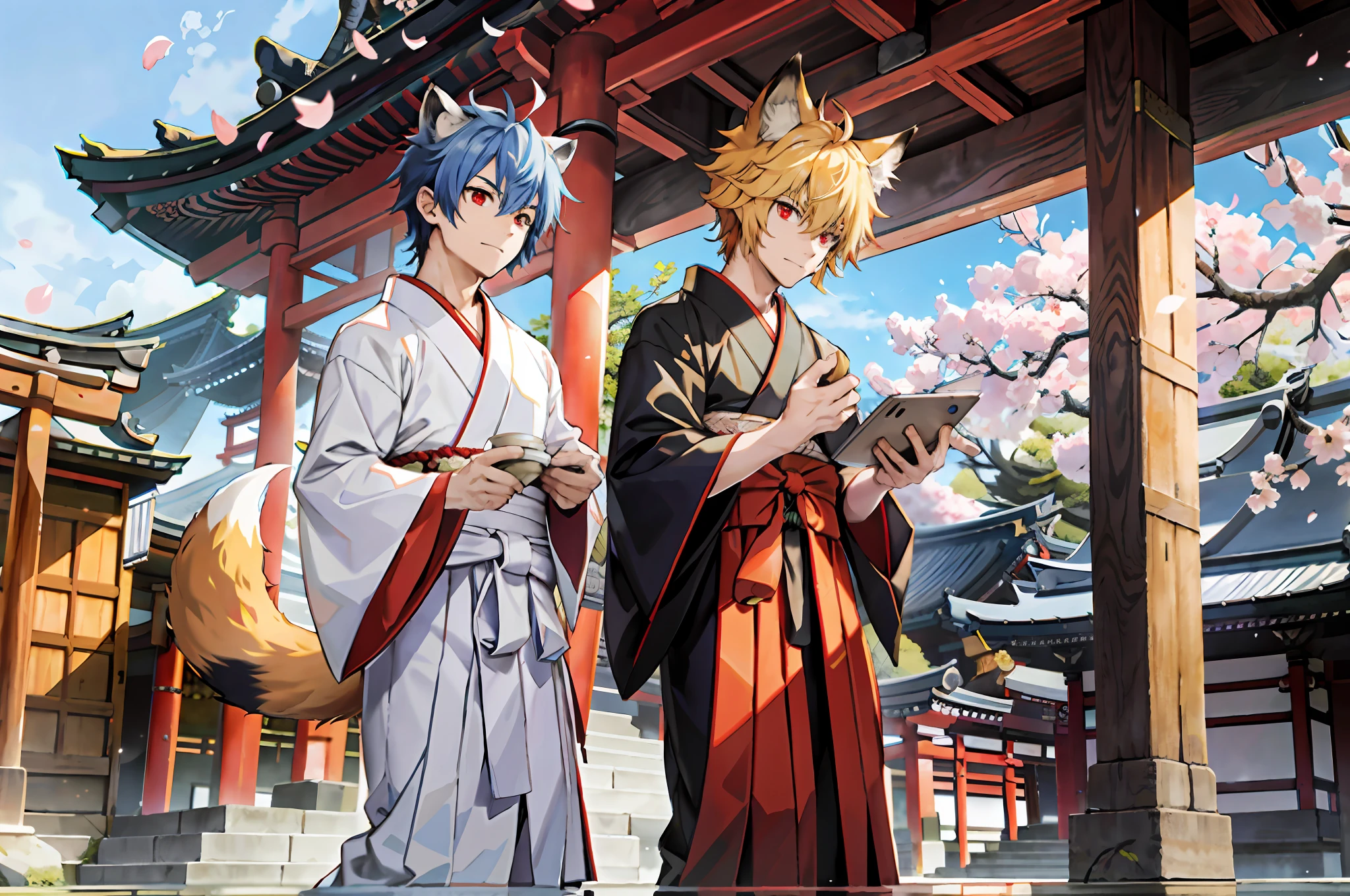 ((Representative work: 1.4, highest quality, 8k)), (2 boys: 1.4), (blonde spiked hair and red eyes, fox ears and tail: 1.1), (short green hair and big eyes, raccoon ears and tail: 1.2), (Japan Shinto priest, white and light blue hakama: 1.3), cherry blossom viewing on the veranda, background is a Kyoto temple.