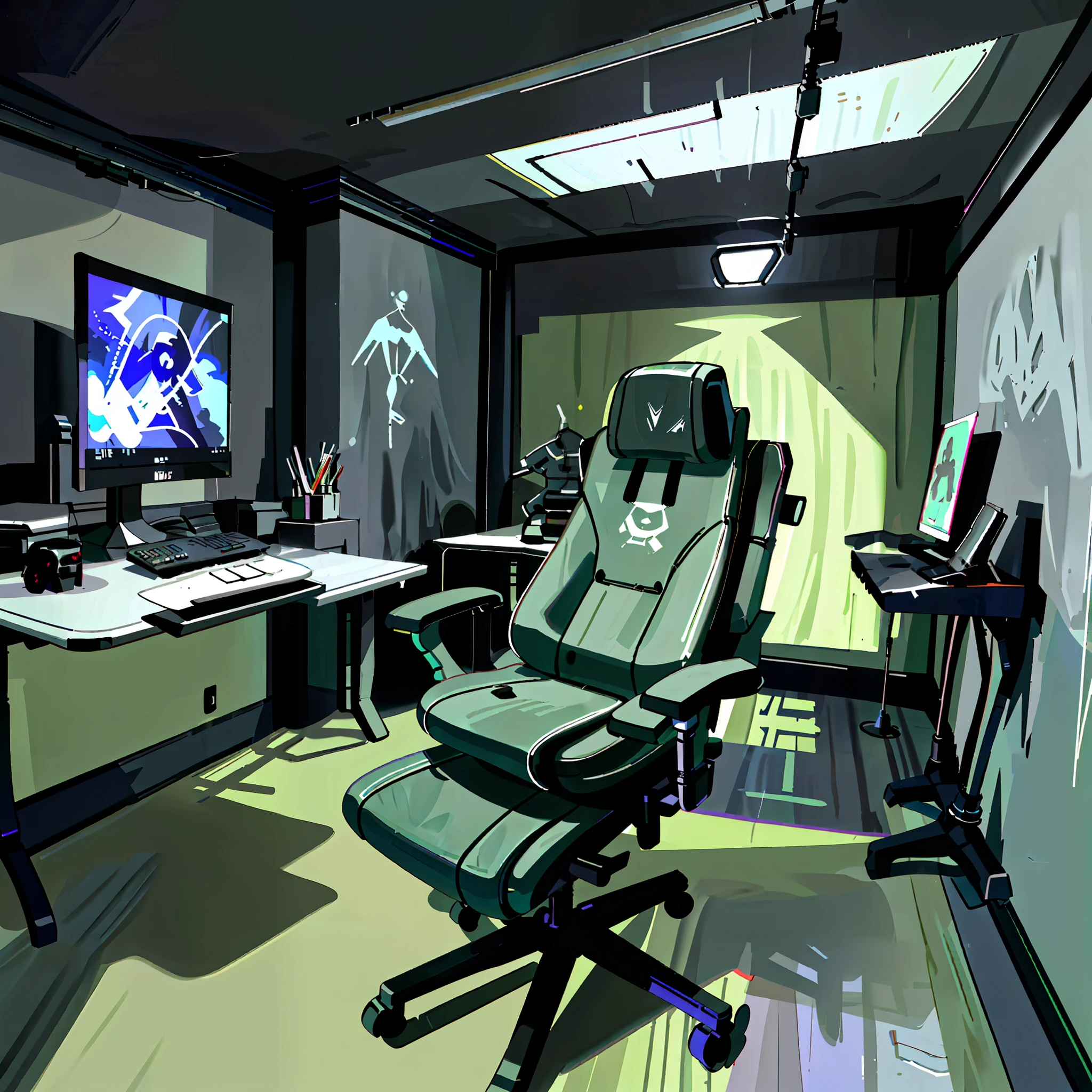 A futuristic gaming room with sleek, minimalistic design, featuring a high-tech gaming setup with multiple monitors, RGB lighting casting vibrant hues throughout the room, ergonomic gaming chair with adjustable controls, and a state-of-the-art virtual reality headset, creating an immersive gaming experience, Photorealistic 3D rendering, using advanced lighting and material techniques to capture the sleekness and futuristic aesthetic, --ar 16:9 --v 5