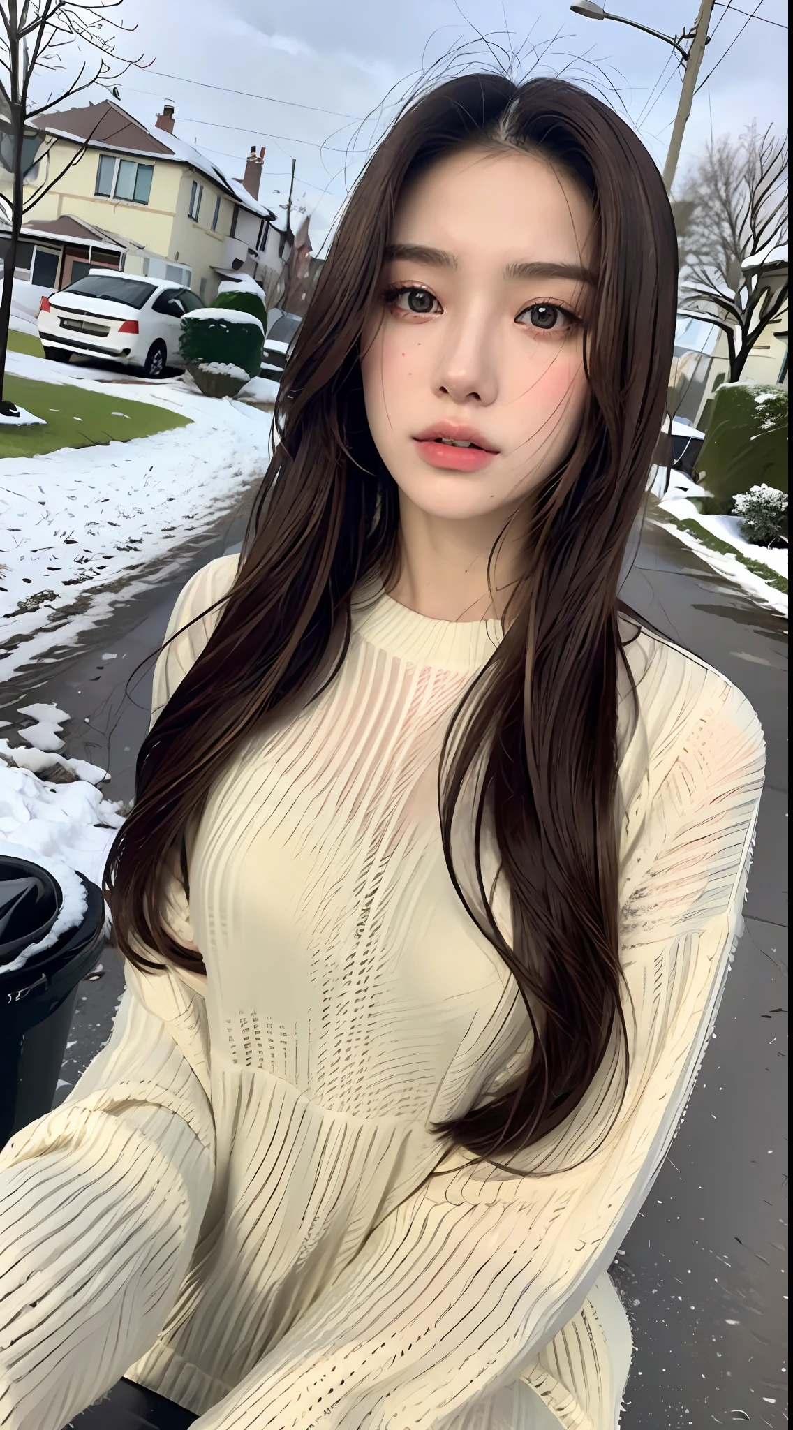 ((Best Quality, 8K, Masterpiece: 1.3)), 1 girl, perfect facial features, full of seduction, snow-white skin, slim face, beautiful woman with long snow-white legs, (dark brown hair), patterned transparent dress :1.1, ultra-detailed face, detailed eyes, double eyelids, blurred background, slim face, city, outside, sitting on a street garbage can, gun,