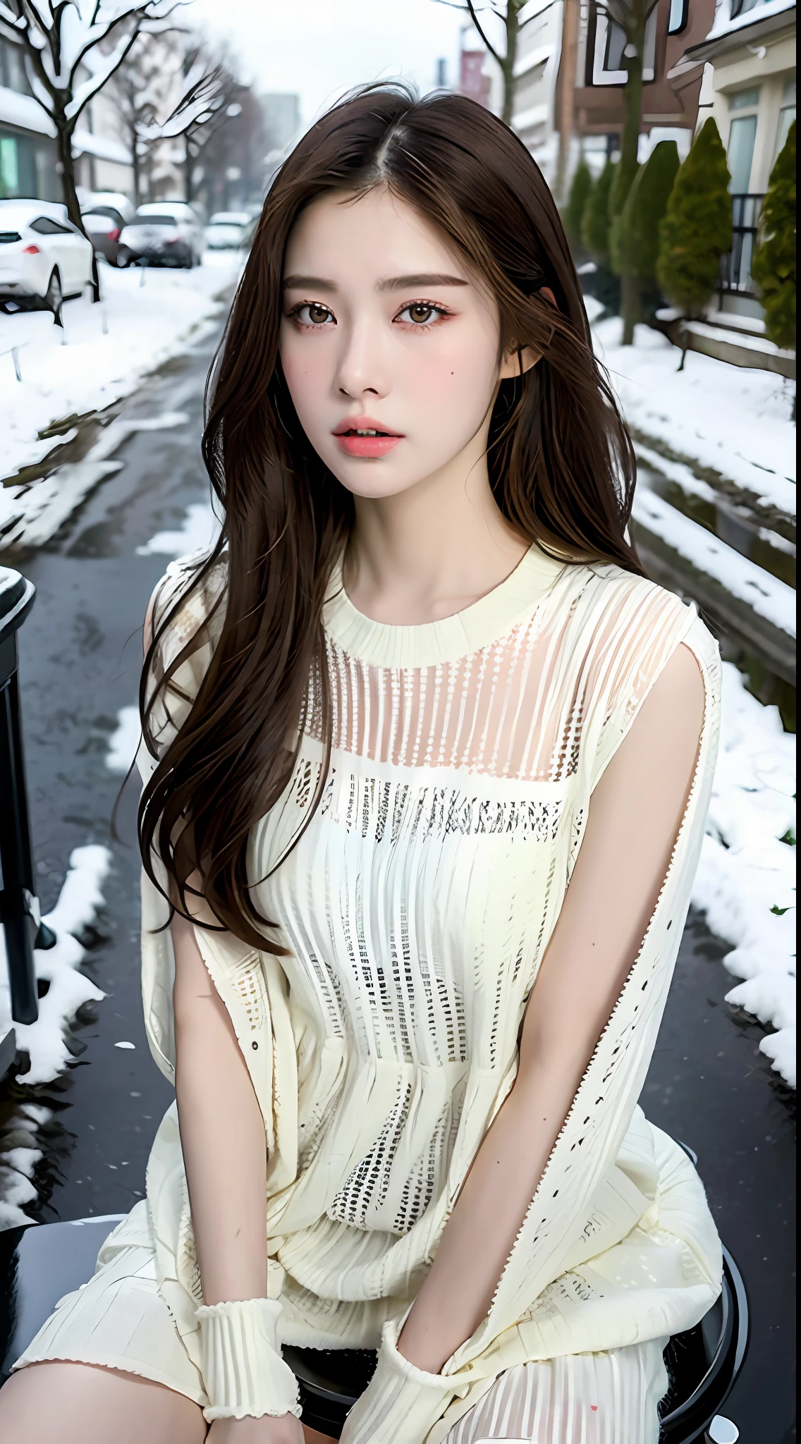 ((Best Quality, 8K, Masterpiece: 1.3)), 1 girl, perfect facial features, full of seduction, snow-white skin, slim face, beautiful woman with long snow-white legs, (dark brown hair), patterned transparent dress :1.1, ultra-detailed face, detailed eyes, double eyelids, blurred background, slim face, city, outside, sitting on a street garbage can, gun,