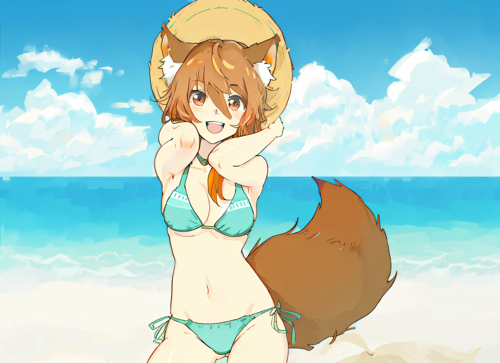 Anime girl in bikini with ears on her head, is a wolf girl with a beautiful bikini, wolf girl anime style, Fox Nobushi, Female Fursona, On a beach, On the beach, Foxgirl, Furry woman Mini cute style, On the beach, SFW version, Wolfgirl, Kitsune, Rin, female fox, Fursona!!, fox girl on the beach, brown hair,  defined eyes purple color, detailed skin, skin with realistic finish, medium breasts, smooth and skinny abdomen, thin fox girl, wide hips, hairy fox tail, fluffy fox tail, fox tail with hair texture, fox girl with straw hat on her head, arms raised affirming the straw hat, arms bent back affirming the straw hat,  No hands, beautiful smile.