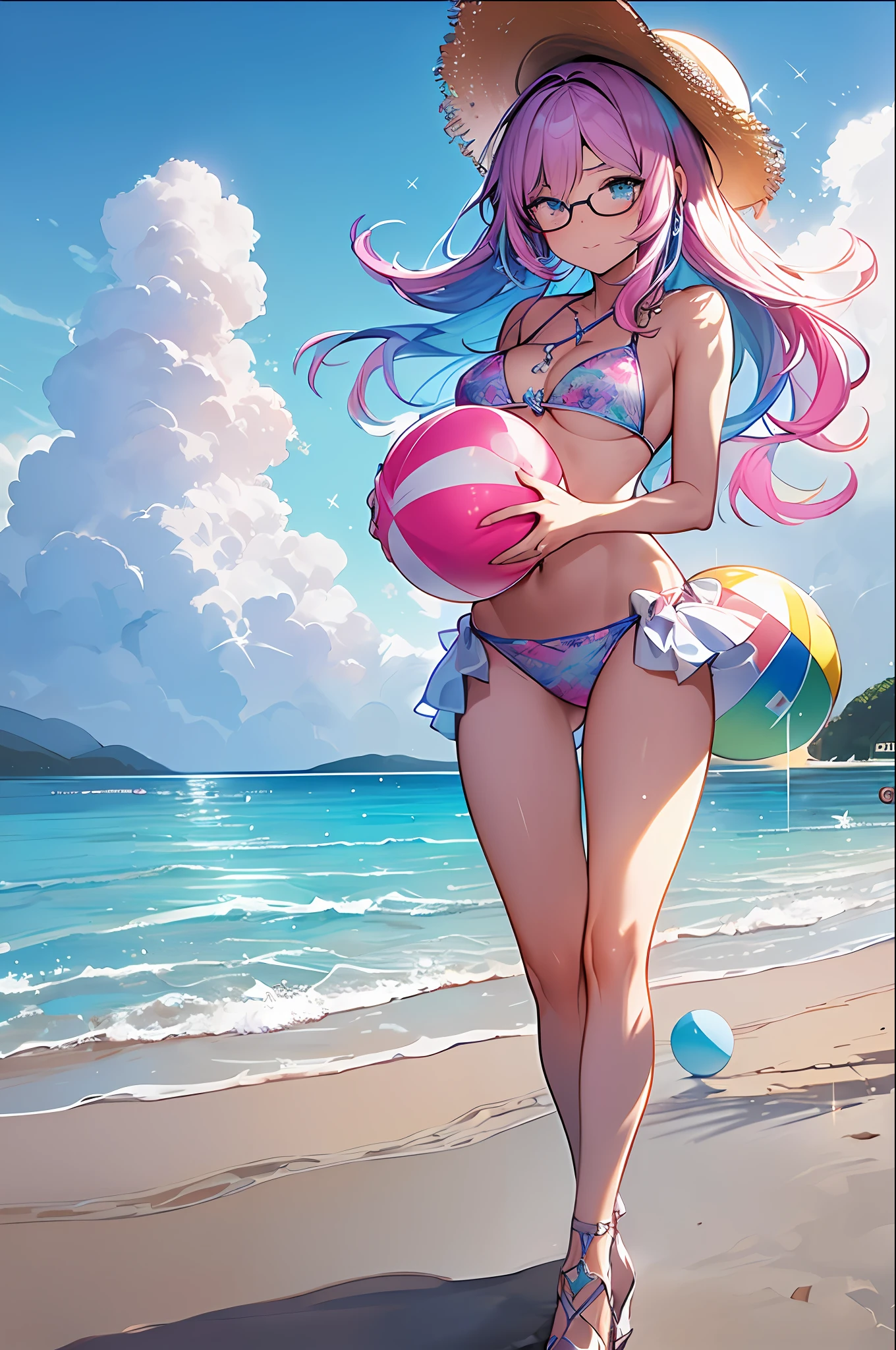 ((Masterpiece, Best Quality, Watercolor Art (Pendant), Official Art, Beautiful and Aesthetic: 1.2)), (1 Girl: 1.3), (Fractal Art: 1.3), Full Body, (Glitter Pupil)), Pattern, (((Iridescent hair, Colorful hair, Half blue and half pink hair: 1.2)), Colorful, (Glasses), Writing, Heterochromia, (Colorful: 1.5), (Swimsuit)), (( straw hat)), sea, sandy beach, sunny sky, (((shy face)), ((micro bikini)), (standing), (hyper detail), ((delicate detail)), (complex detail), ((cinematic light, highest quality backlight)), high contrast, ((best lighting, very delicate and beautiful)), (cinematic light)), (ray-traced reflection, brilliance), (( Shining Aura)), (((Glowing Hair)), ((Super Detail)), (((8K)), ((Holding a Beach Ball))