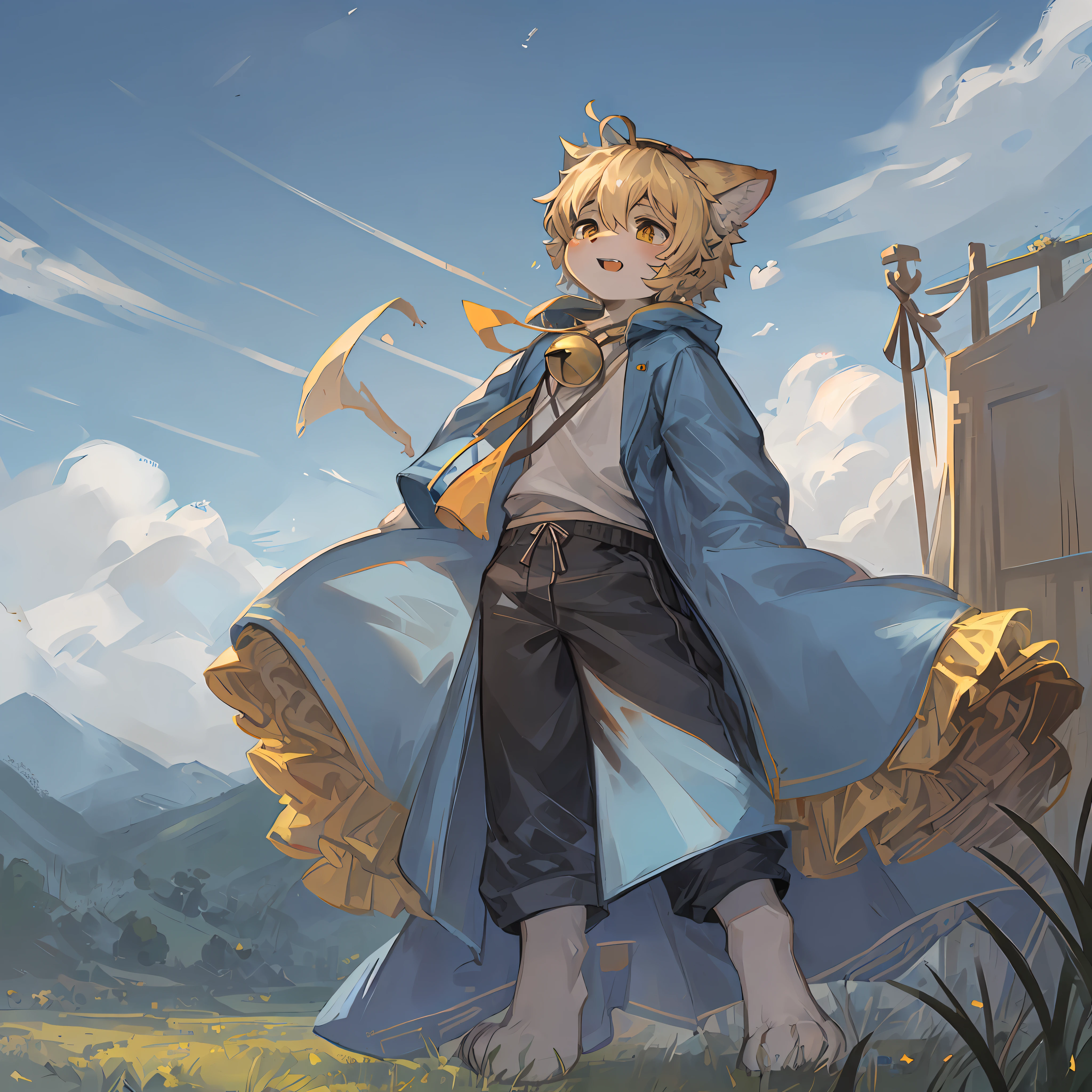 field, garden, band-aid, short hair, blonde, ahoge, bell, headphones, lower body, child, furry, cat ears, open mouth, exposed teeth, clouds, sky, in summer, no spots, cubs, yellow fur everywhere, cat ears, cat type, big fluffy tail, masterpiece, high-quality portrait, humanoid, cub, beard, lone child boy, wind, pose, full shot, sky blue coat, gray shorts, yellow scarf, white shirt, super cute face, Furry paws