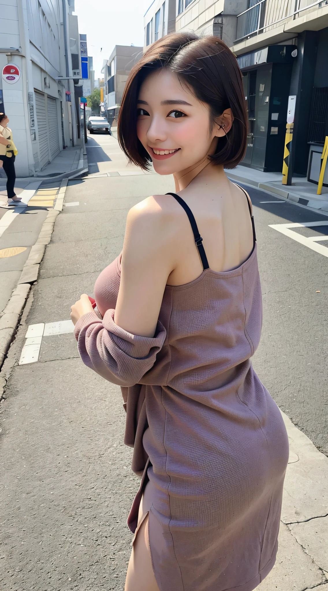 (8k, top quality, masterpiece, portrait), short hair, photo of Japan woman along the street, hands, clothes, looking back with a smile, voluptuous body.