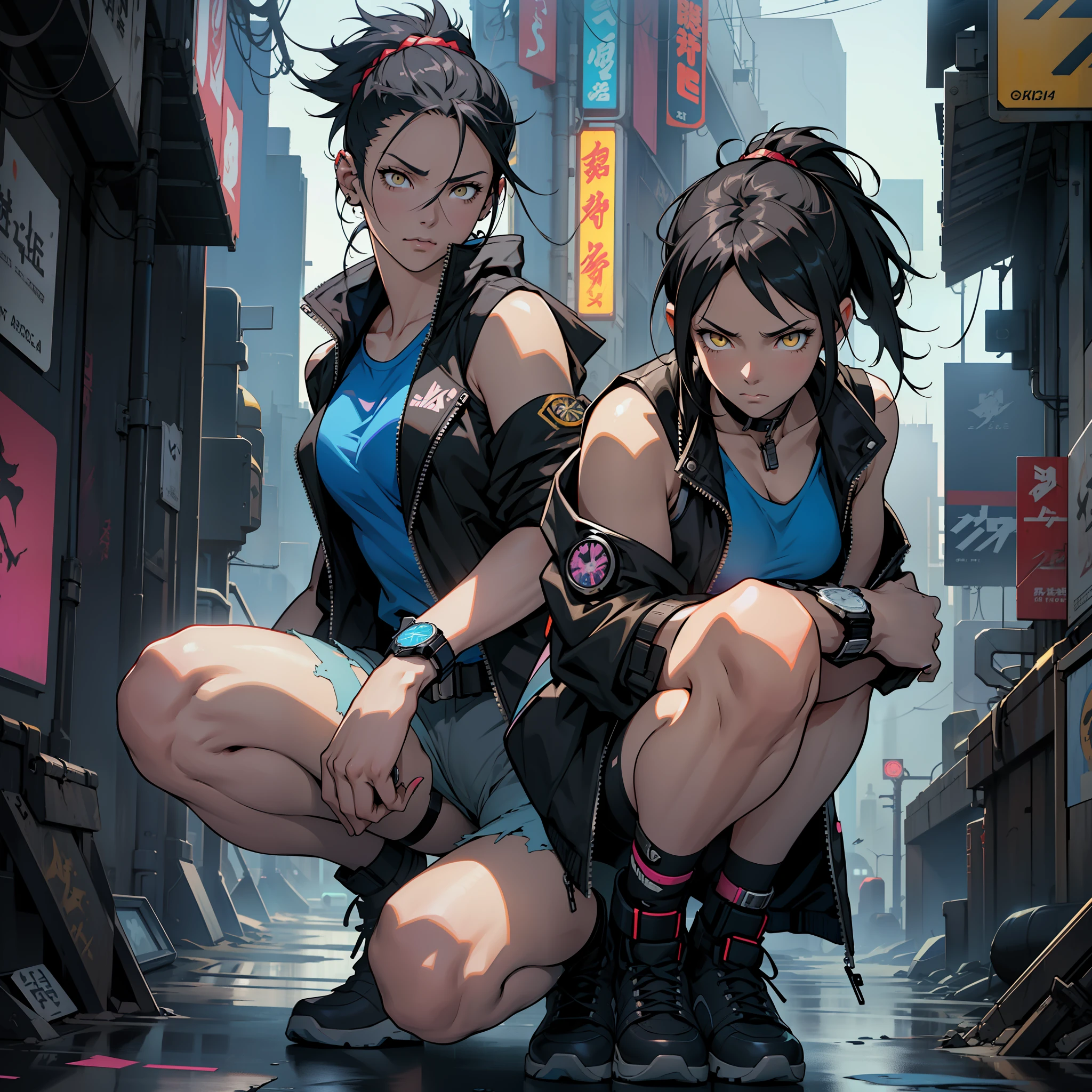 masterpiece, (anime style), (not realistic), fluid stroke, best quality, super detailed, 1girl cyberpunk, (wearing shorts), sensual, crouching, ((looking at watch on her wrist)), hair tied, (blue sleeveless t-shirt underneath), (short black jacket on top),(deep yellow eyes)cyberpunk city, futuristic
