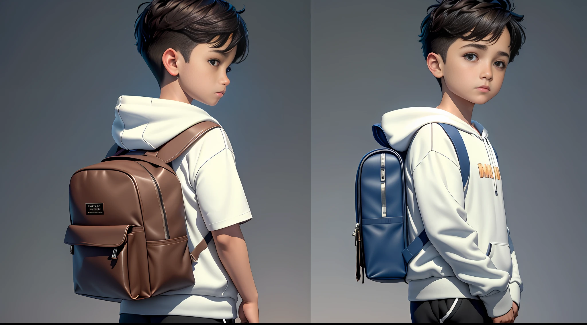 right view, (best quality, masterpiece, ultra-realistic), Masterpiece, best quality, cinematic lighting, beautiful concept art, surrealism, epic scene, 8K, Milo is a boy view from left to right, the boy 6 year old, full body, boy wearing blue dark shorts, white hoodie and brown school bag. blank background, black background, single background