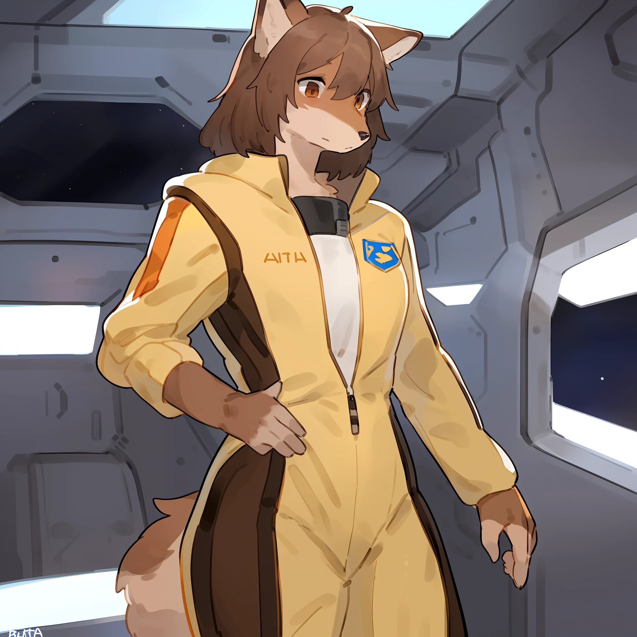 Solo, fox, (((brown fur, brown body, patternless, no fur pattern, plain fur))), brown eyes, brown hair, shoulder length hair, concerned expression, ((snout, long snout)), yellow jumpsuit, yellow spacesuit, space, spaceship, window, athletic, standing, ray gun, by bebebebebe, (((by buta99))), detailed eyes, detailed hands, female,