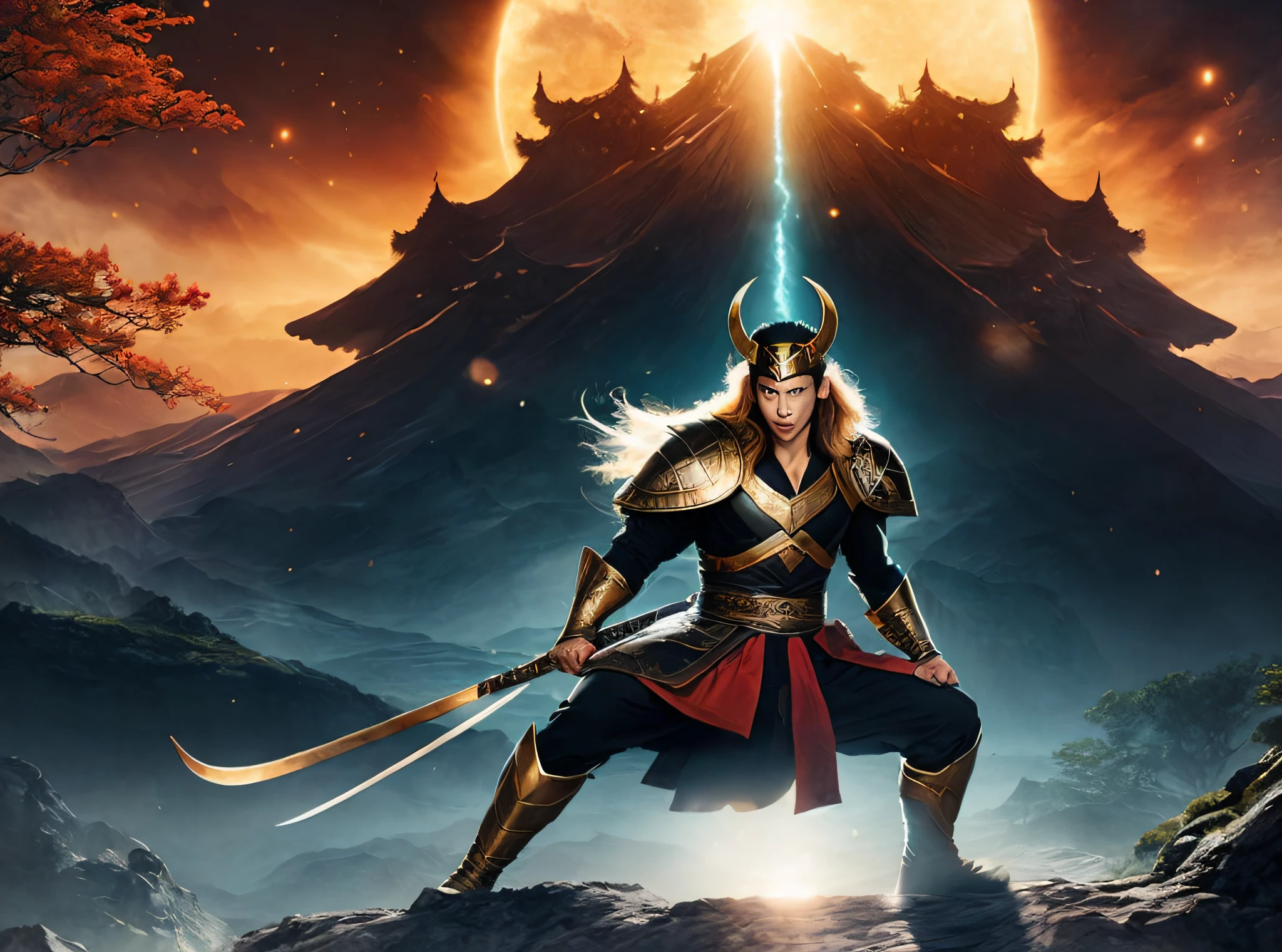 "Loki's Curse: Norse Mythological Stories" – Loki, Forbidden Love, Forbidden Magic, Love and Loss, Sacrifice, Betrayal, Loyalty, Heroism, Evil Gods, Black Magic, Legendary Heroes, Divine Beasts, Power Pursuit, Divine Prophecy, Fate and Destiny, Fate and Destiny, Fate of the Gods, Fate of the World, Norse Gods, Ragnarok, Armage, Nine Realms, World Tree, World Tree, Fairy Palace, Valhalla, Odin, Thor, Loki, Freya, Heimdall, Baldur, Niflheim, Muspelheim, Jotunheim, Aesir, Vanir, Giants, Dwarves, Elves, Norns, Valkyries, Drugar, Huldufolk, Jtnar. Sun Wukong, wearing black armor and red cloak, background in Journey to the West in the Heavenly Palace. Ink surrounding, dynamic photography, large aperture depth of field effect, kung fu dynamic, like a gold belt of will.
