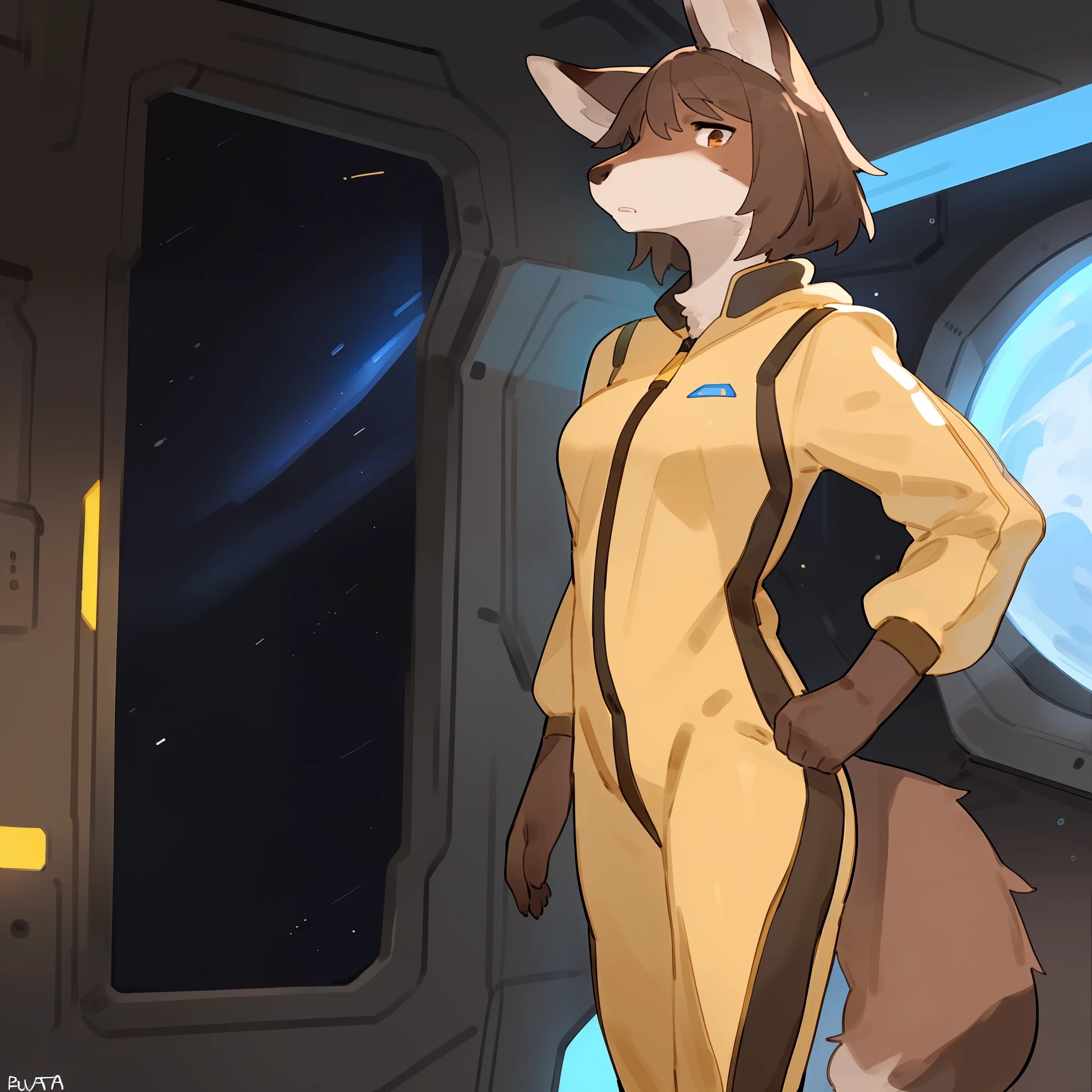 Solo, fox, (((brown fur, brown body, patternless, no fur pattern, plain fur))), brown eyes, brown hair, shoulder length hair, concerned expression, ((snout, long snout)), yellow jumpsuit, yellow spacesuit, space, spaceship, window, athletic, standing, ray gun, by bebebebebe, (((by buta99))), detailed eyes, detailed hands, female,
