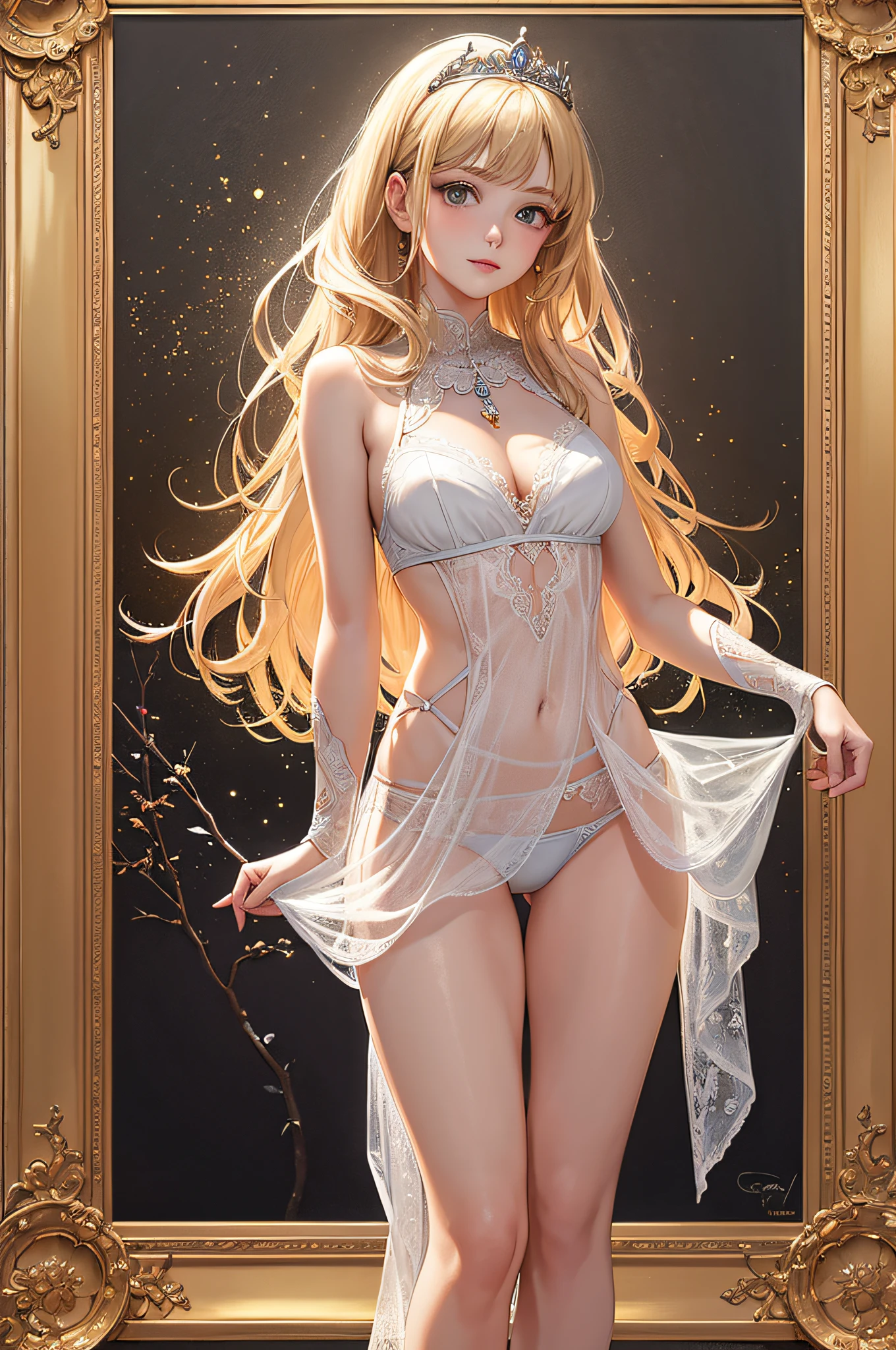 (Masterpiece, Top Quality, Best Detail, Official Art, Beautiful and Aesthetic: 1.2), (1 Girl: 1.3), Highly Detailed, (Fractal Art: 1.1), (See-through: 1.3), (Lingerie Dress: 1.5), (Cowboy Shot: 1.5), (Shiny Skin), (Mekosuji: 1.4), (Tiara: 1.4), (Low Rise Panties: 1.4), breasts with beautiful shape, slim waist, golden hair, looking at the viewer, metal ornaments, delicate details, particles, light illuminating the face,