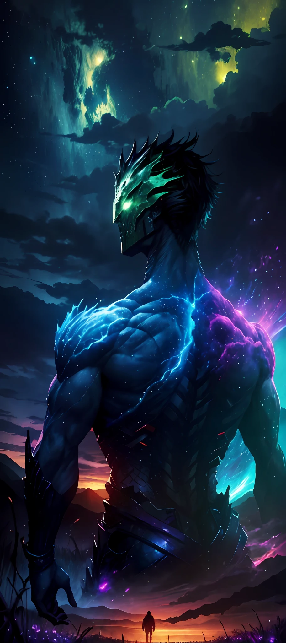side pose Vast landscape photo, (viewed from below, the sky is above and the open field is below), a cyborg anti hero man, with alligator characteristics standing on a blood bath of bodies looking up, (full moon: 1.2), (meteor: 0.9), (nebula: 1.3), distant mountains , Trees BREAK Crafting Art, (Warm Light: 1.2), (Fireflies: 1.2), Lights, Lots of Purple and Orange, Intricate Details, Volumetric Lighting, Realism BREAK (Masterpiece: 1.2), (Best Quality), 4k, Ultra-Detailed, (Dynamic Composition: 1.4), Very Detailed, Colorful Details, (Rainbow Colors: 1.2), (Glow Lighting, Atmospheric Lighting), Dreamy, Magical, (Solo: 1.2)