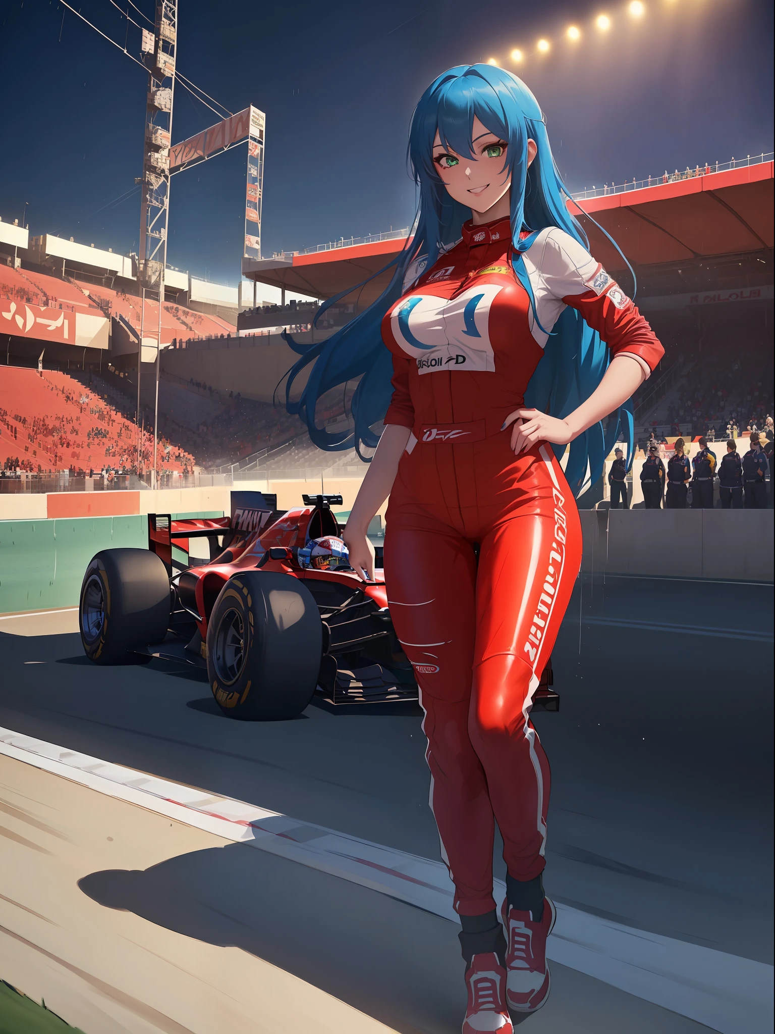 ((full body):1.5) (({Only one woman}:1.2):{((wearing red formula 1 runner suit)1.2), ((long blue hair down to shoulders, sparkling green eyes) 1.3), ((striking an erotic pose in a formula 1 car, looking at the viewer, smiling):1.3), ((extremely large breasts):1.2)}, \n (({Hypodromia from formula 1 racing, is in night, raining heavily, several people are in the stands}):1.3), anime, anime style, 16k, ((best quality, high details):1.4), masterpiece, UHD