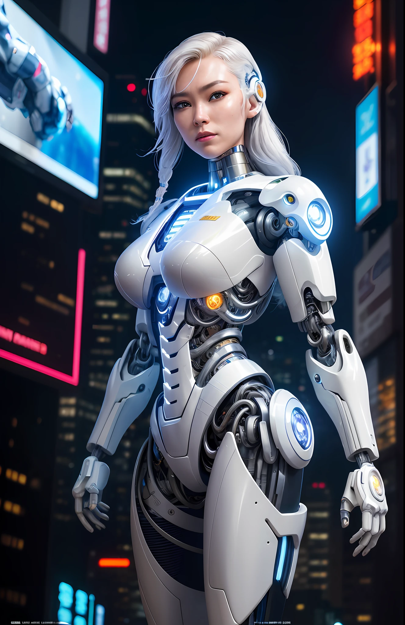 Photorealist, a woman in a white (cyborg suit:1.55), in a cyberpunk city, (standing) (facing the viewer:1.2), white hair, cyborg, robotic parts, beautiful detailed body and face, (looking at the left side:1.3), sakimichan hdri, amouranth, a beautiful detailed orisha, 2049, chiaki nanami, afrofuturist, made in maya, sam yang, 2070, cyborg, robotic parts,  150 mm, beautiful soft light studio, rim light, vibrant details, cyberpunk luxury, lace, hyperrealistic, anatomical, facial muscles, electrical wire cables, microchip, elegant, beautiful background, render octane, 8k, best quality, masterpiece, illustration, an extremely delicate and beautiful, extremely detailed, CG, unit, wallpaper, (realistic, photo-realistic: 1.37), amazing, fine details, masterpiece, best quality, official art, extremely detailed CG unit 8k wallpaper,  absurd, incredibly absurd, robot, halmet silver, full body, (nsfw: 1.2), night, bustling with neon signs