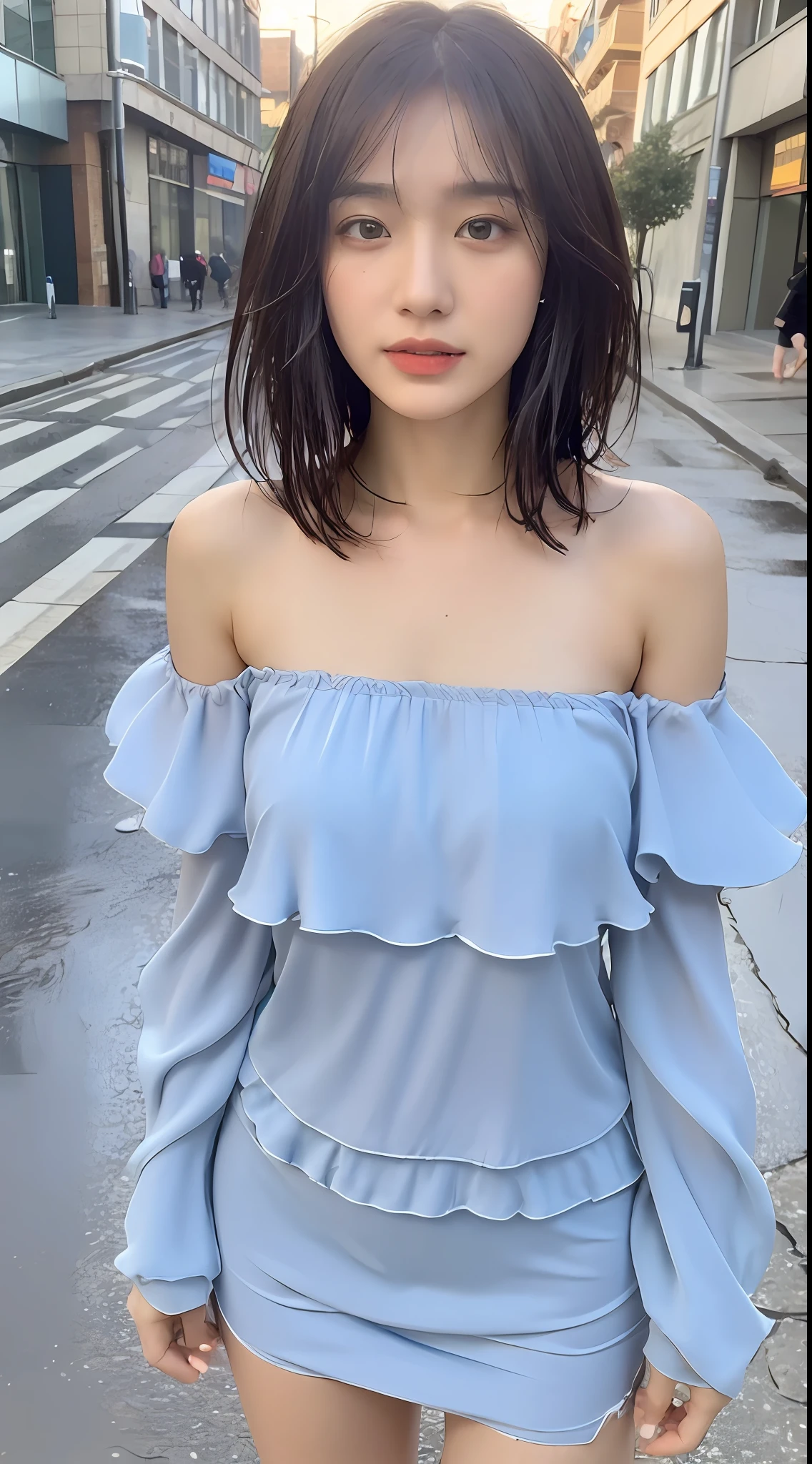 ((Best Quality, 8K, Masterpiece:1.3)), Focus: 1.2, Perfect Body Beauty: 1.4, Buttocks: 1.2, ((Layered Haircut, Breasts: 1.2)), (Wet Clothes: 1.1) , (Rain, Street:1.3), Bandeau Dress: 1.1, Highly Detailed Face and Skin Texture, Delicate Eyes, Double Eyelids, Whitened Skin, Long Hair