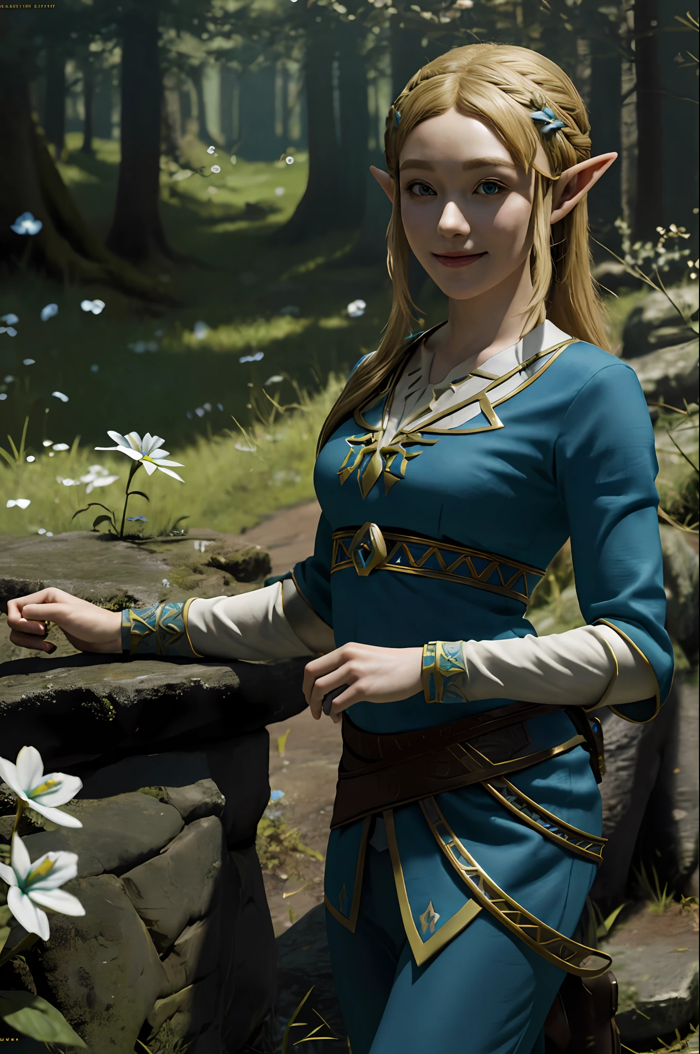 masterpiece,masterpiece, best quality, best quality,The Legend of Zelda,The Legend of Zelda,The Legend of Zelda: Breath of the Wild,Elf,Blonde,Realistic, live-action adaptation, unity, 8k wallpaper, highly detailed cg Unity 8k wallpaper,1 girl, solo, flowers,show viewer, hair flower,blurred, smile,