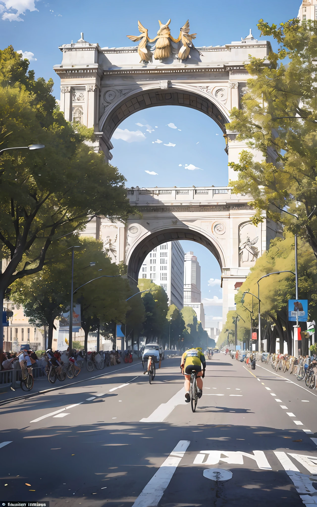 Many road cyclists race in the morning in the bustling city roads, triumphal arches, sprints, surrounded by high-rise buildings, shouting crowds, Tour de France