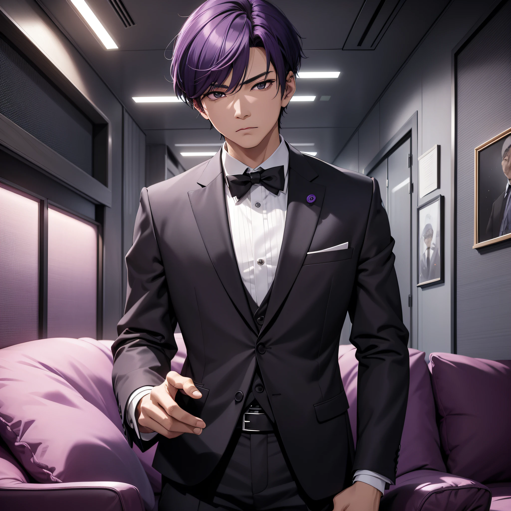 Absurd resolution, high resolution, (masterpiece: 1.4), hyperdetail, Asian, male middle-aged short purple hair, black suit, weird room, sofa, expression nervous and scared trembling (1.3)