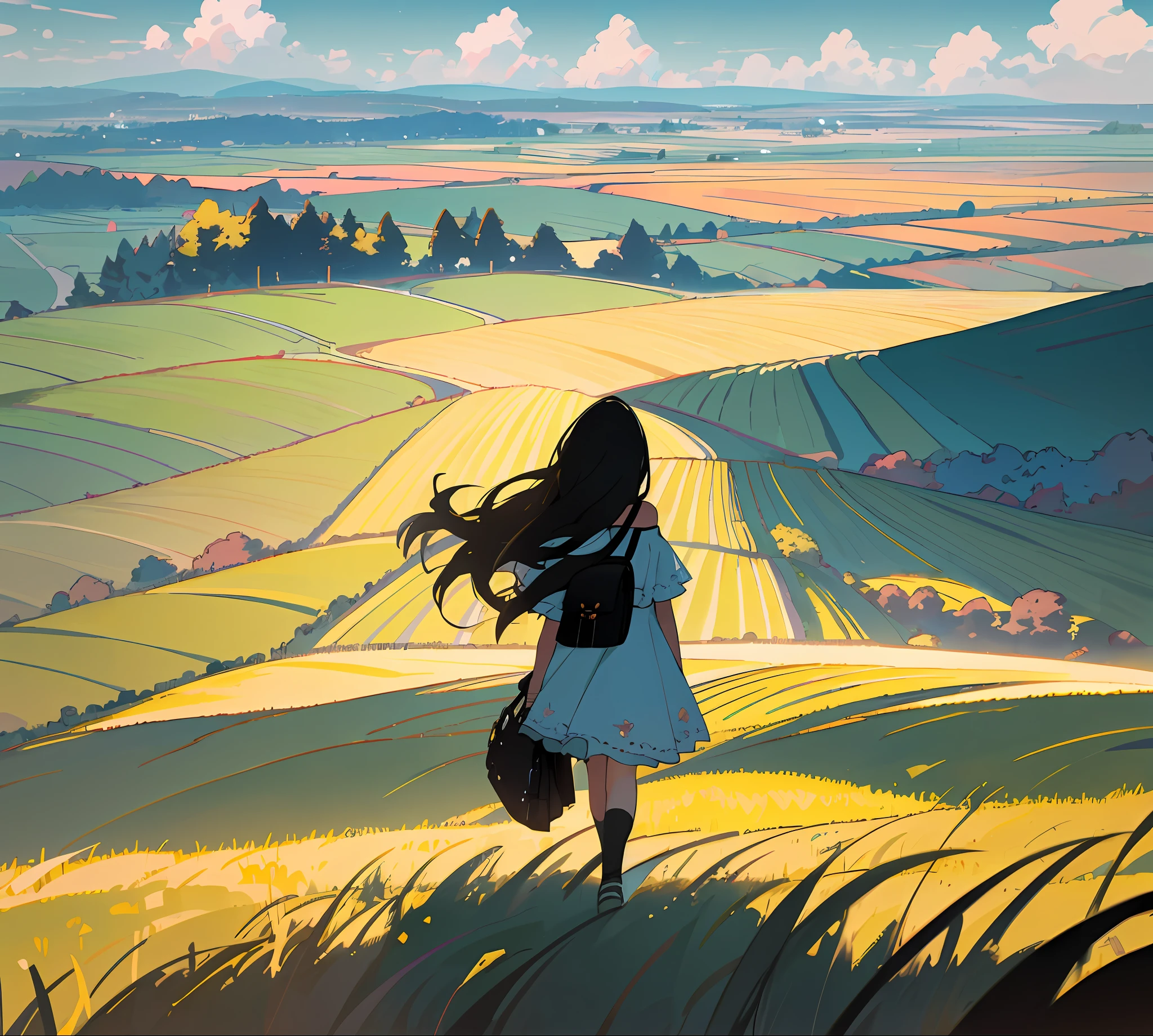 masterpiece, High resolution, Ultra detailed CG Unity 8k wallpaper, Best Quality, Ultra Detail, (Best Shadow), ((2 girls)), Landscape with fireworks in the distance, Flowers, Off shoulder dress, Long hair, Adjusted hair, Floating hair, Meadow, Daylight, Daytime, Cloudy, Standing, Castle, (from behind)), vanishing point, Field, Countryside, Rice field, View view, Panorama, Overlook, Socks, (High contrast: 0.8), (distant)), blurred foreground, shoulder bag,