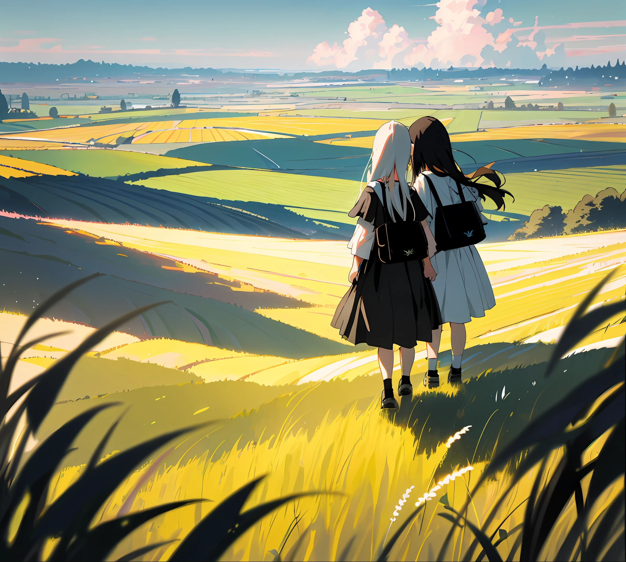 masterpiece, High resolution, Ultra detailed CG Unity 8k wallpaper, Best Quality, Ultra Detail, (Best Shadow), ((2 girls)), Landscape with fireworks in the distance, Flowers, Off shoulder dress, Long hair, Adjusted hair, Floating hair, Meadow, Daylight, Daytime, Cloudy, Standing, Castle, (from behind)), vanishing point, Field, Countryside, Rice field, View view, Panorama, Overlook, Socks, (High contrast: 0.8), (distant)), blurred foreground, shoulder bag,