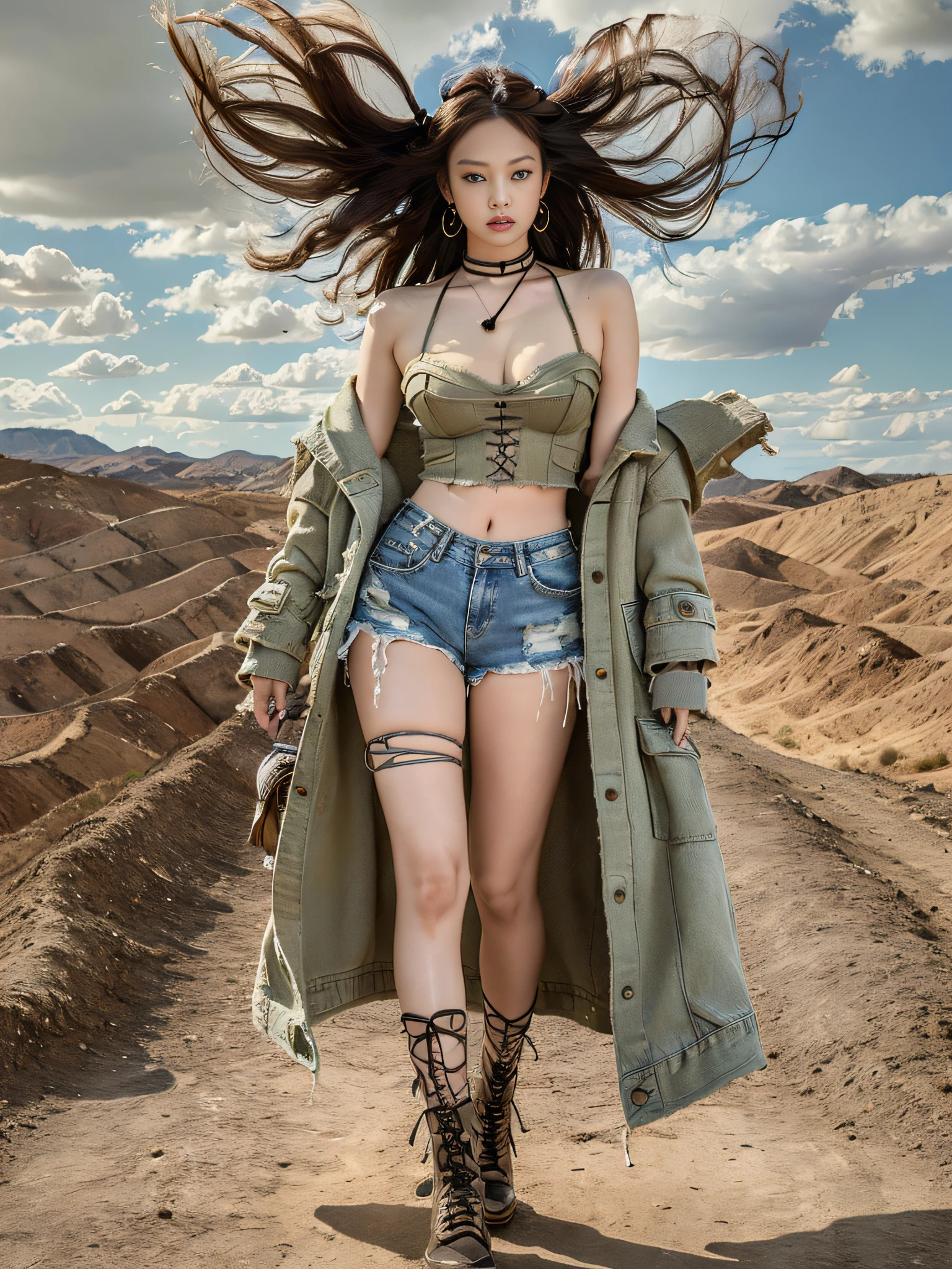 Masterpiece, superlative, realistic, Jennie wearing khaki torn knit, lace-up denim shorts shabby, full body photo, bare waist, bare shoulders, cleavage, layered, long legs, wasteland punk style, background is wasteland, desert, wind and dust details are complex, HD, photography lighting, 16k