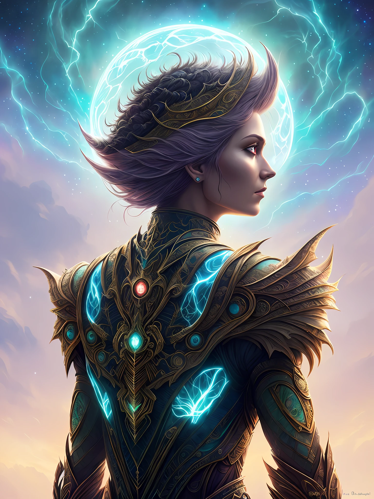 Galactic dragon with lots of hair on its head, third eye, staring at something far away, intricate details, electric, fantasy art, Anato Finnstark, latex painting, very detailed, misty rutkowski, HDR, ultra-detailed, edge light, faded, dull