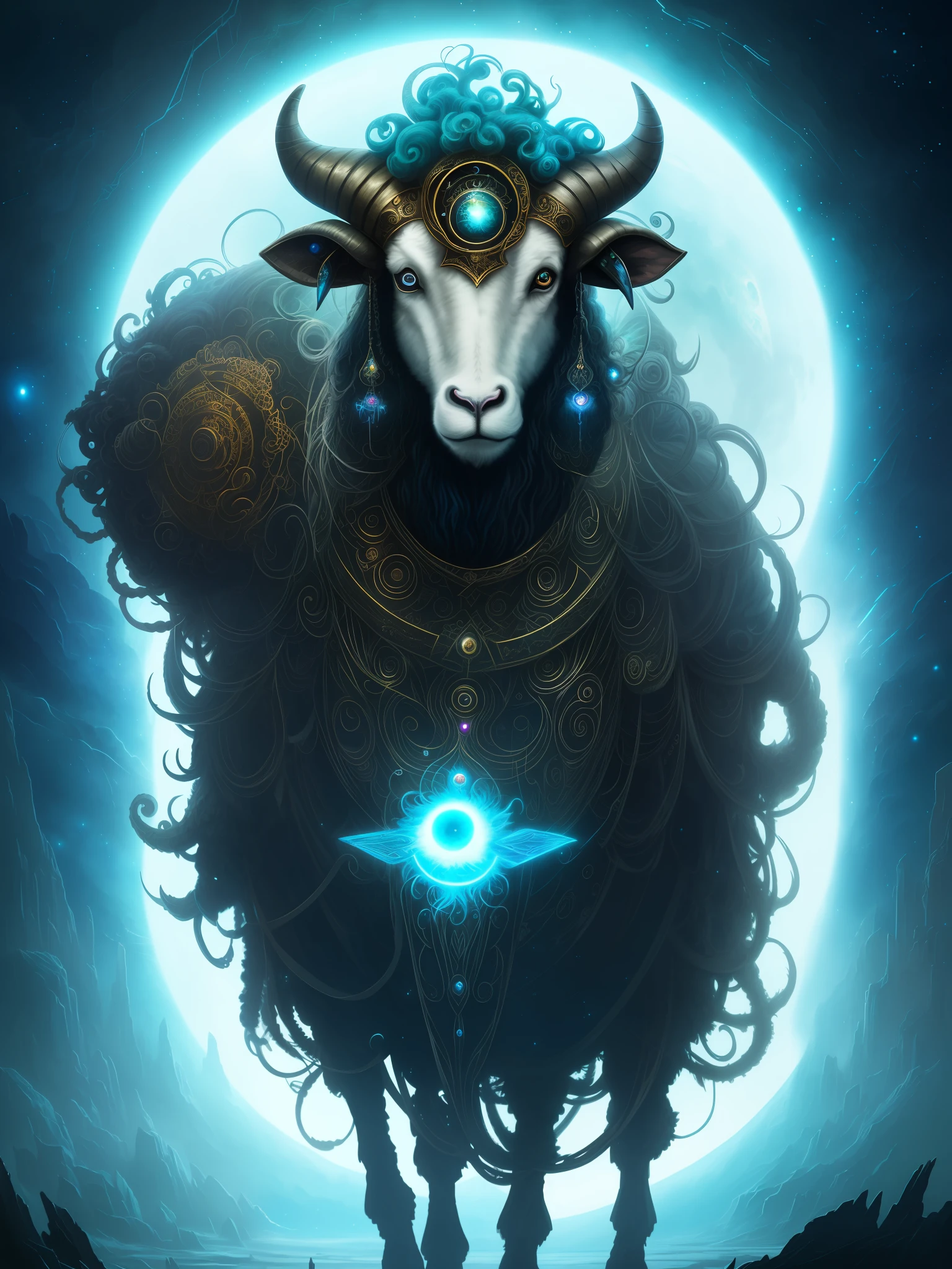 Galactic sheep with lots of hair on its head, third eye, staring at something far away, intricate details, electric, fantasy art, Anato Finnstark, latex painting, very detailed, misty rutkowski, HDR, ultra-detailed, edge light, faded, dull