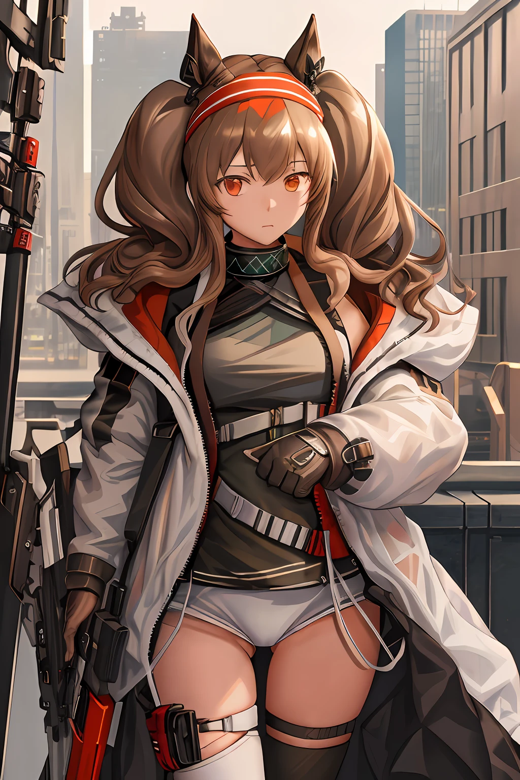 nice hands, masterpiece, best quality, ultra-detailed,
1girl, headband, coat, angelina \(arknights\),arknights,
simple background,cowboy shot, outdoors, cityscape,
(empty eyes, blank eyes:1),
drip,bottomless, no panties, dirndl,spread,