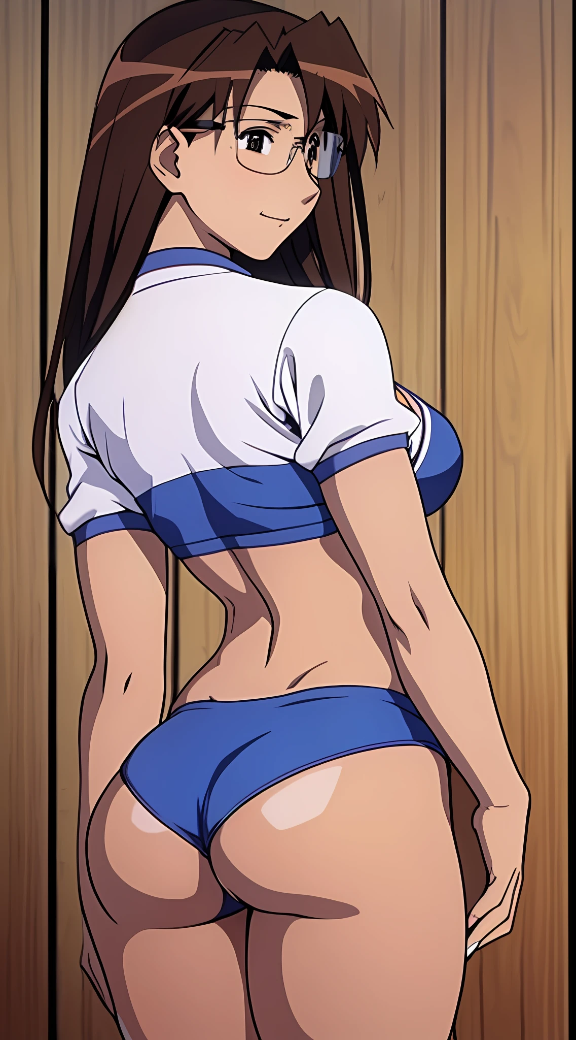 Koyomi Mizuhara, brown hair, long hair, glasses, tall girl, gym shirt, breasts, fit body, slim waist, medium ass, high cut thong, bra, plump ass cheeks, fit body, cameltoe view, slim figure, thirst trap, Nsfw, ecchi, erotic, rule 34, gelbooru, 1998 hot back view shots, view from behind, ass cheeks, moaning, sexy photos, smirking, sexy slim figure,