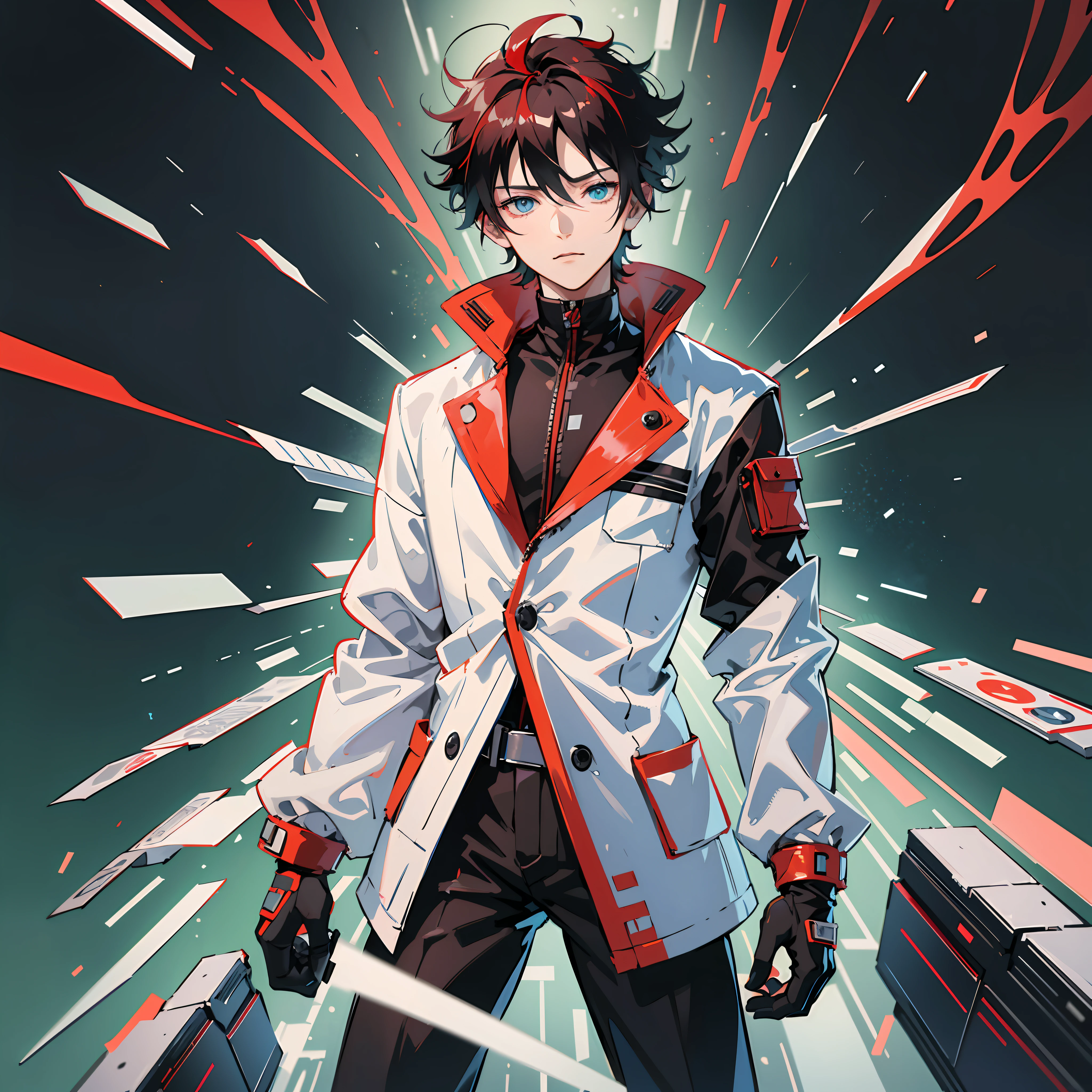 1 Male anime character, red hair, wearing high-tech black gloves, High-Tech, Heterochromia, Blue eyes, green eyes, handsome, sharp, psychopath smile, Senku Ishigami Hairstyle, wearing long white scientist coat, black high-tech suit inside, holding a mechanical high-tech crystal, high-tech background, red, black, circuit board, full body shot, black pants, dark High-tech boots, innocent looking, hologram background, JARVIS, anime 8k, HD, portrait, solo, bright crimson red, splash vfx, anime character with red hair and black gloves holding a cell phone, red haired, a red haired mad, red-haired, nagito komaeda, killua zoldyck black hair, badass anime 8 k, white haired deity, best anime 4k konachan wallpaper, killua zoldyck portrait, trigger anime artstyle --auto --s2