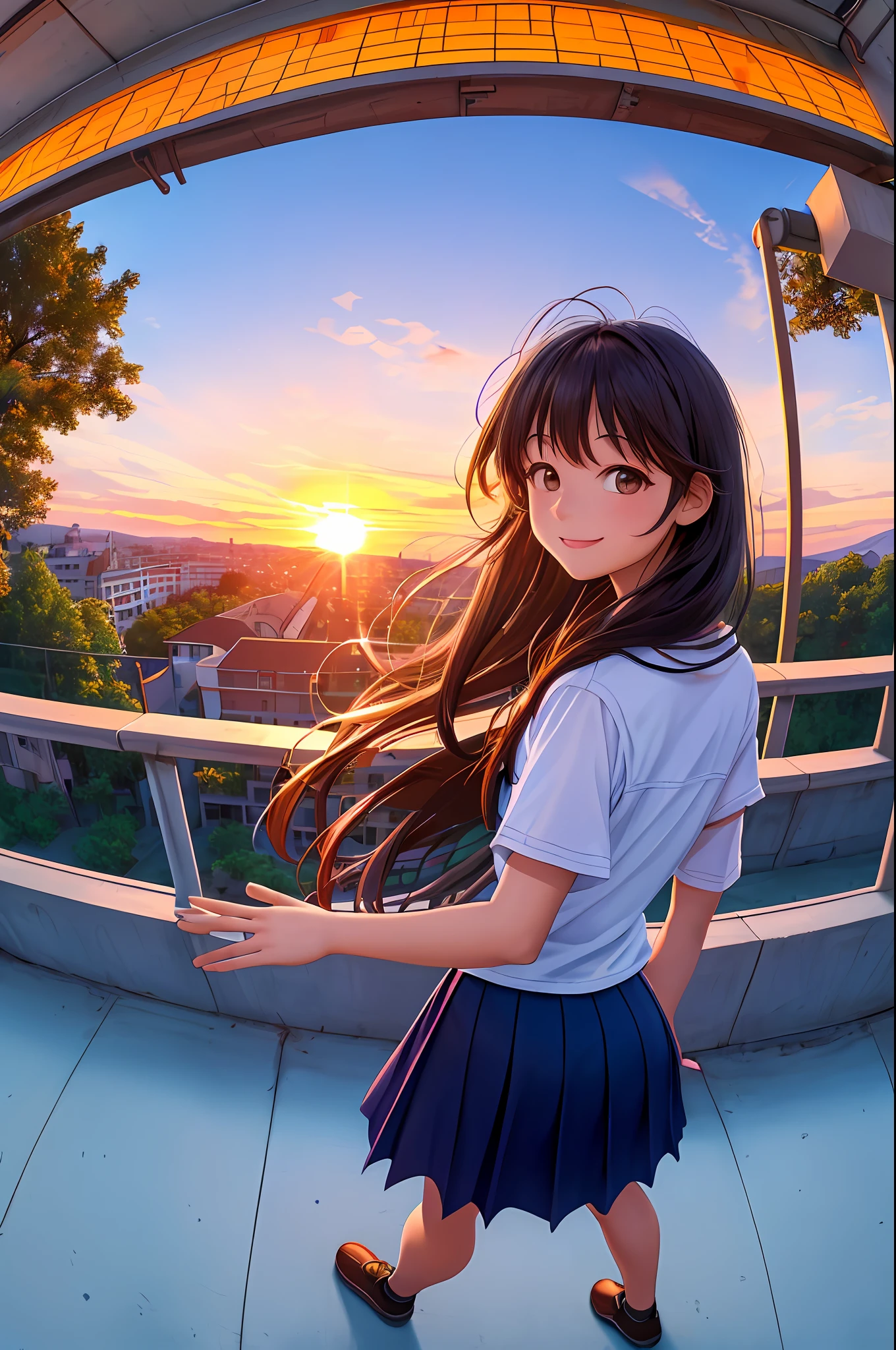 best smile ((masterpiece, top quality, super detail, ultra high definition, detailed background)), (fisheye), school, sunset, on the roof, guardrail, looking down, 1 girl, looking back,