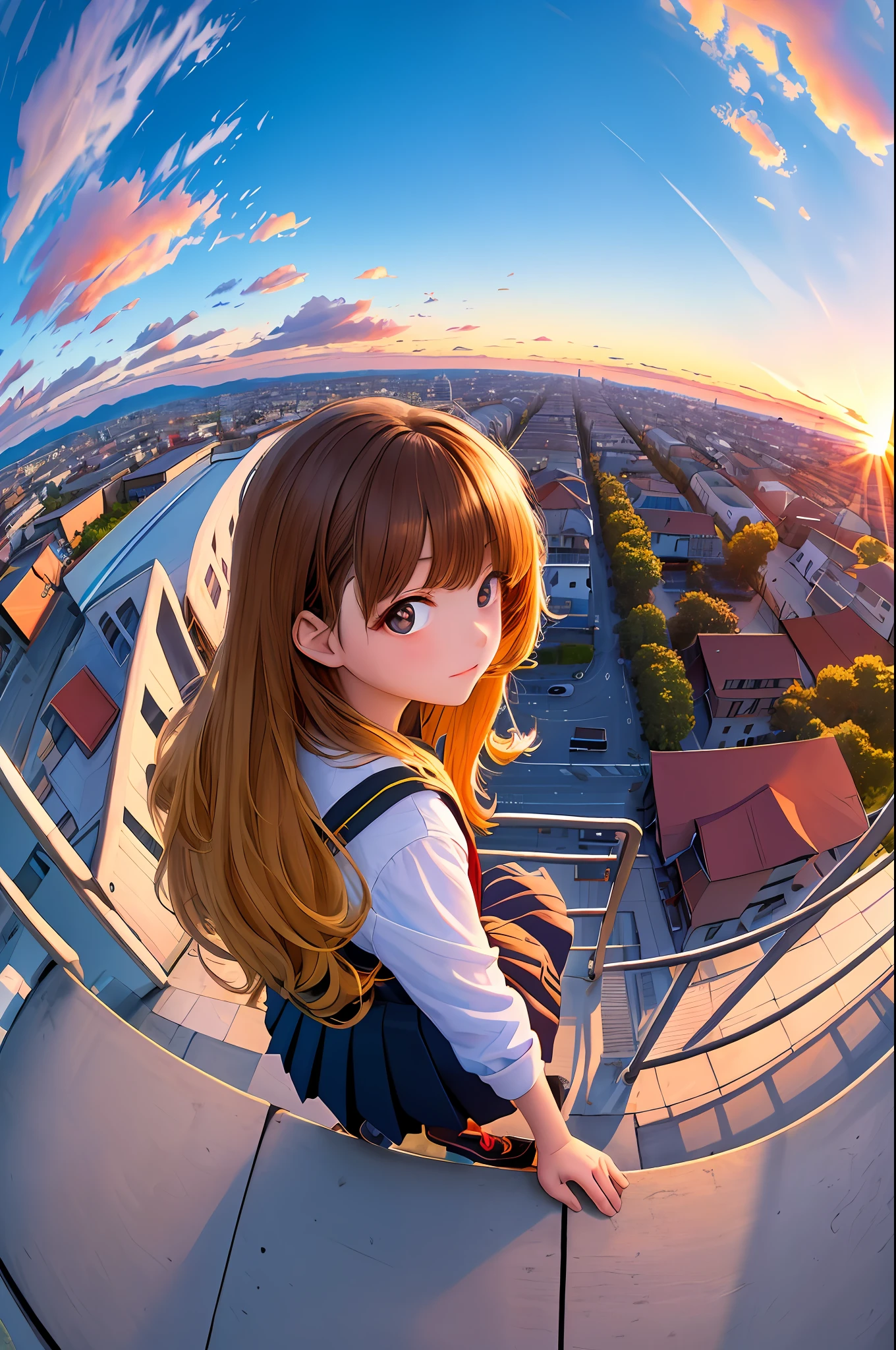 ((masterpiece,best quality,ultra detailed,ultra high res,detailed background)),(fisheye lens),school,sunset,on roof, guard rail,looking down,1girl,looking back,