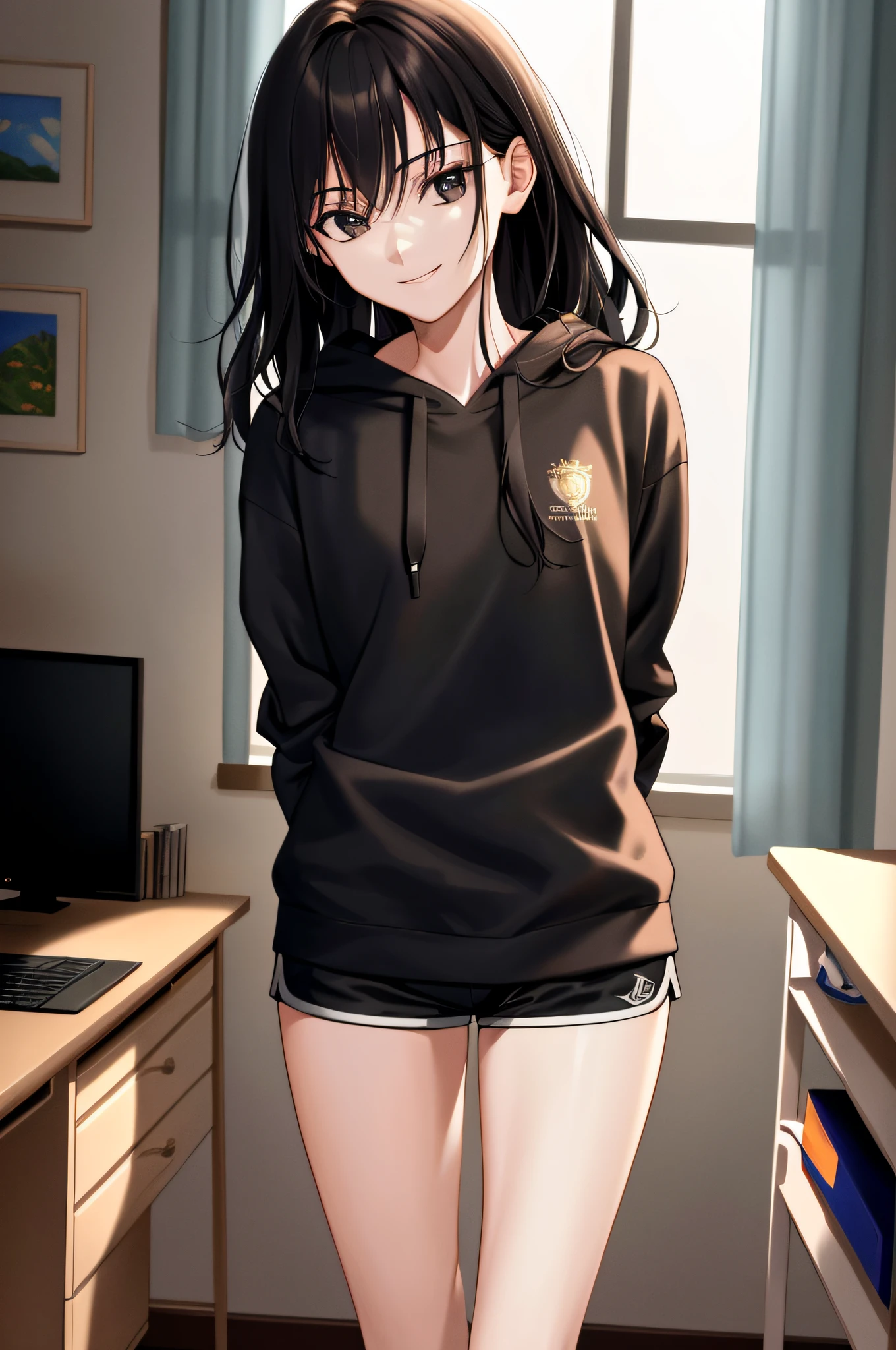 (extremely detailed CG unity 8k wallpaper, masterpiece, best quality, ultra-detailed), (best illumination, best shadow), (dynamic angle), finely detail, Depth of field (bloom), (shine), classic, (illustration), (painting), (cinematic_light), (intricate details), (2d), painting, illustration, beautiful detailed,(high resolution illustration), hyper detailed, detailed light, Delicate facial features,
1boy,,(dorm room with computer), (thin waist),skinny,cute,beautiful detailed black eyes,solo,flat chest,(large thighs),solo, black hair, messy hair, black hoodie, athletic shorts, white socks, devious smile
(standing), (arms behind back), masterpiece, best quality,