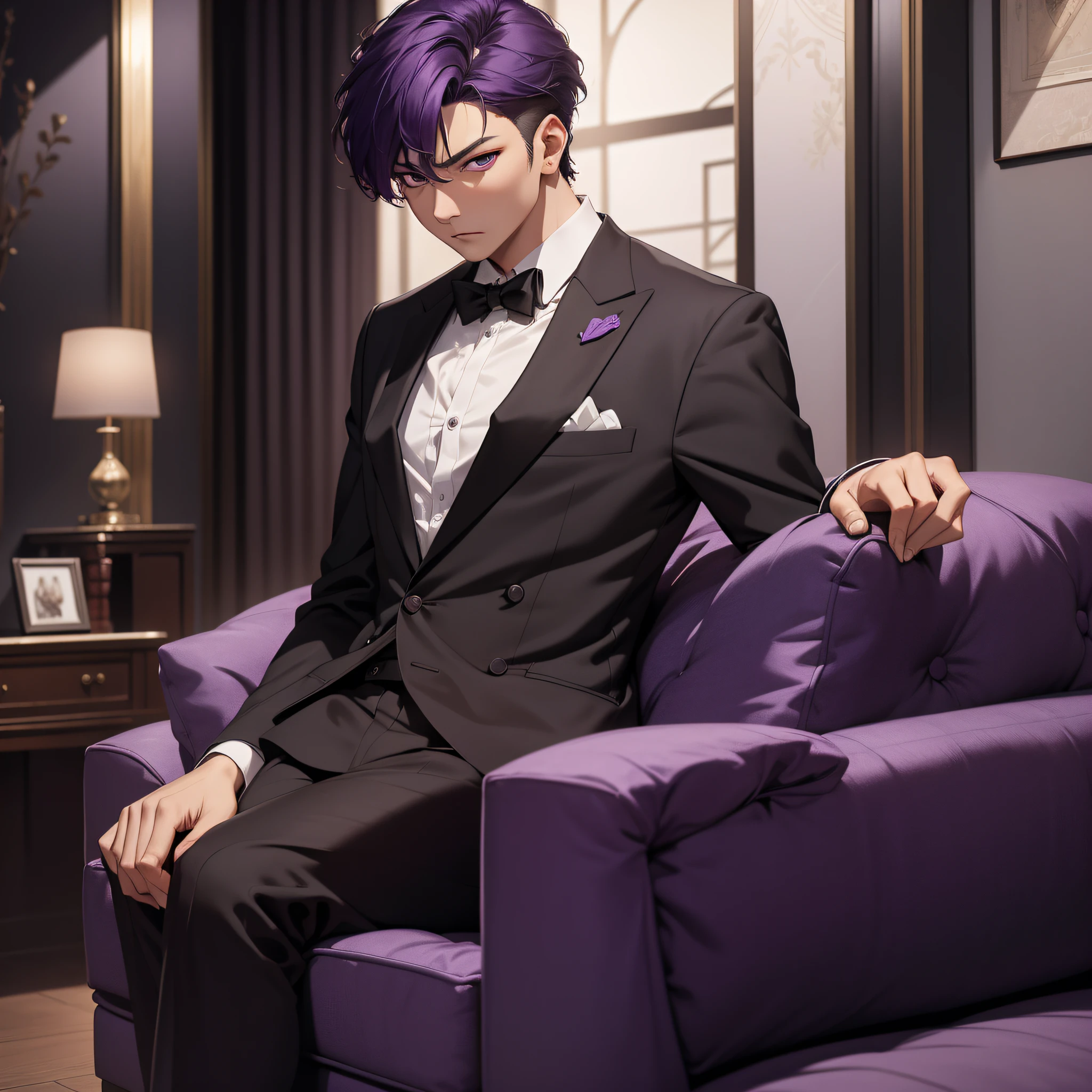 Absurd resolution, high resolution, (masterpiece: 1.4), hyperdetail, Asian, male middle-aged short purple hair, black suit, weird room, sofa, expression nervous and scared trembling (1.3)