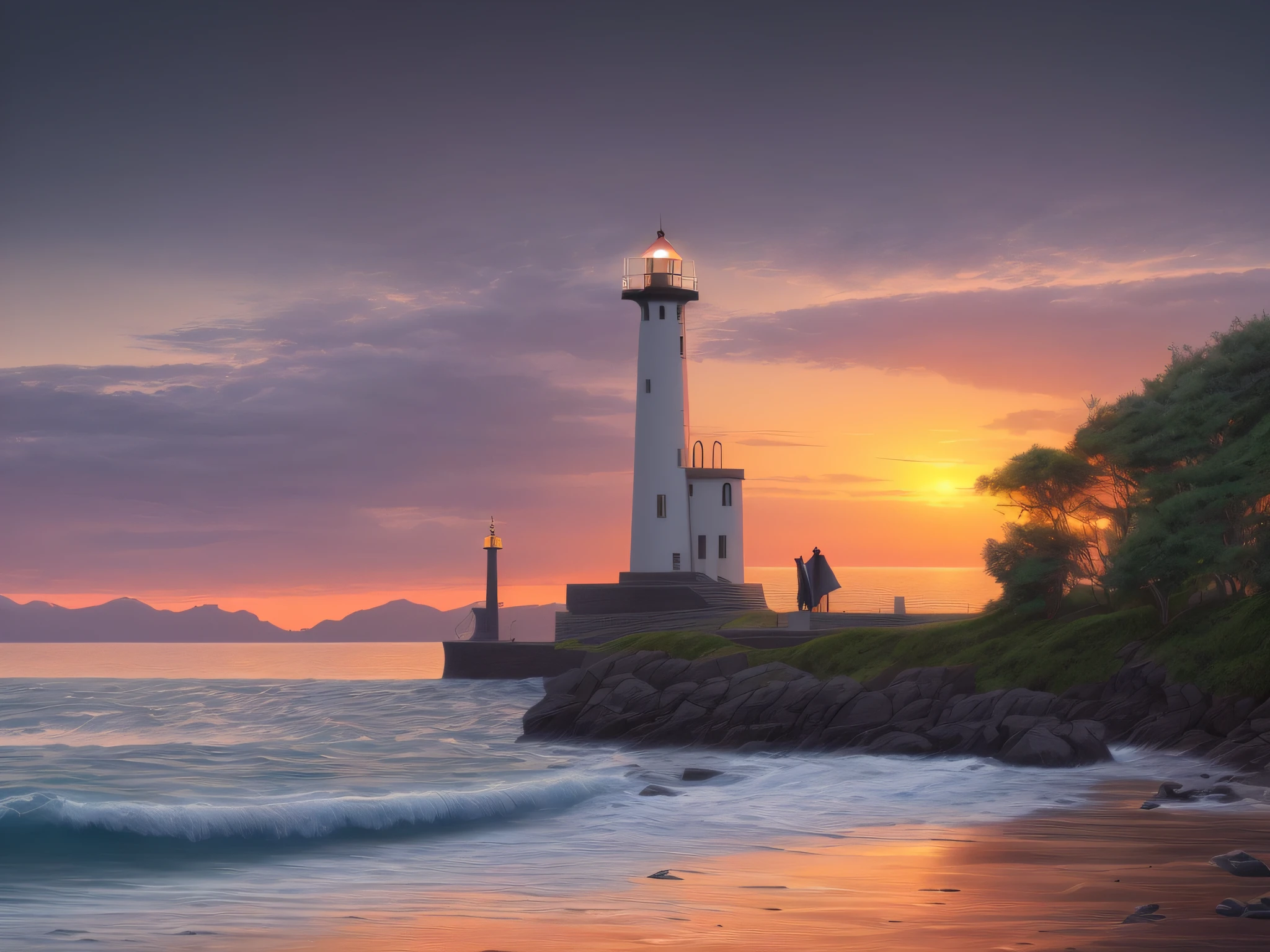 Lighthouse by the lake, lighthouse, lighthouse at sunset, sunset Kanagawa, Falorda Bala, at dusk!, bold lighthouse on the horizon, quiet evening harbor, sunset, harbor, light lighting at sunset, dawn of Neptune, sunset of night, night light, sunset rigging, pre-dawn, sunrise landscape, water (highly detailed CG Unity 8k wallpaper), the most beautiful artwork in the world, professional magnificent oil painting, intricate and high detail, Sharp focus, dramatic and photorealistic painting
