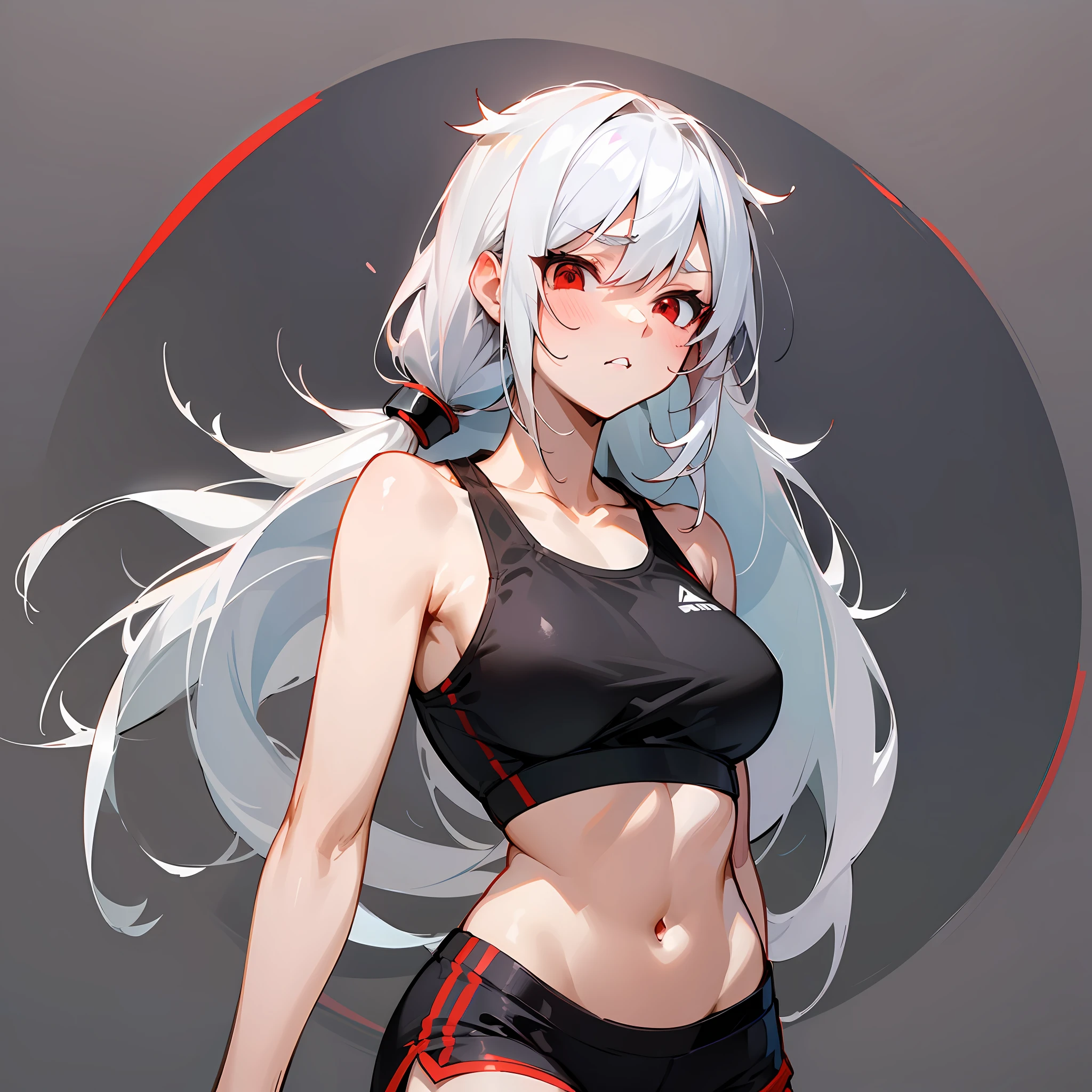 (Pure and simple, sporty style, black background, white haired girl, red eyes\], sports bras, sports shorts, vista, tsundere emoji)