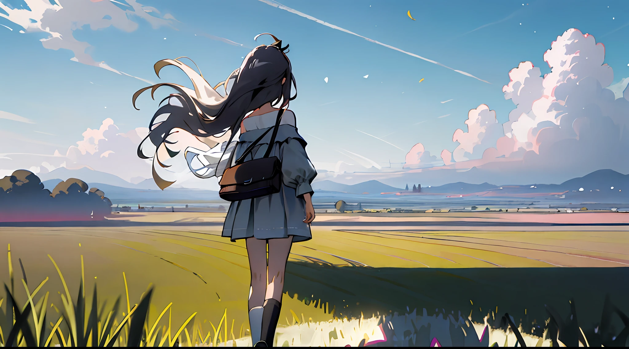 masterpiece, High resolution, Ultra detailed CG Unity 8k wallpaper, Best Quality, Ultra Detail, (Best Shadow), ((2 girls)), Landscape with fireworks in the distance, Flowers, Off shoulder dress, Long hair, Adjusted hair, Floating hair, Meadow, Daylight, Daytime, Cloudy, Standing, Castle, (from behind)), vanishing point, Field, Countryside, Rice field, View view, Panorama, Overlook, Socks, (High contrast: 0.8), (distant)), blurred foreground, shoulder bag,