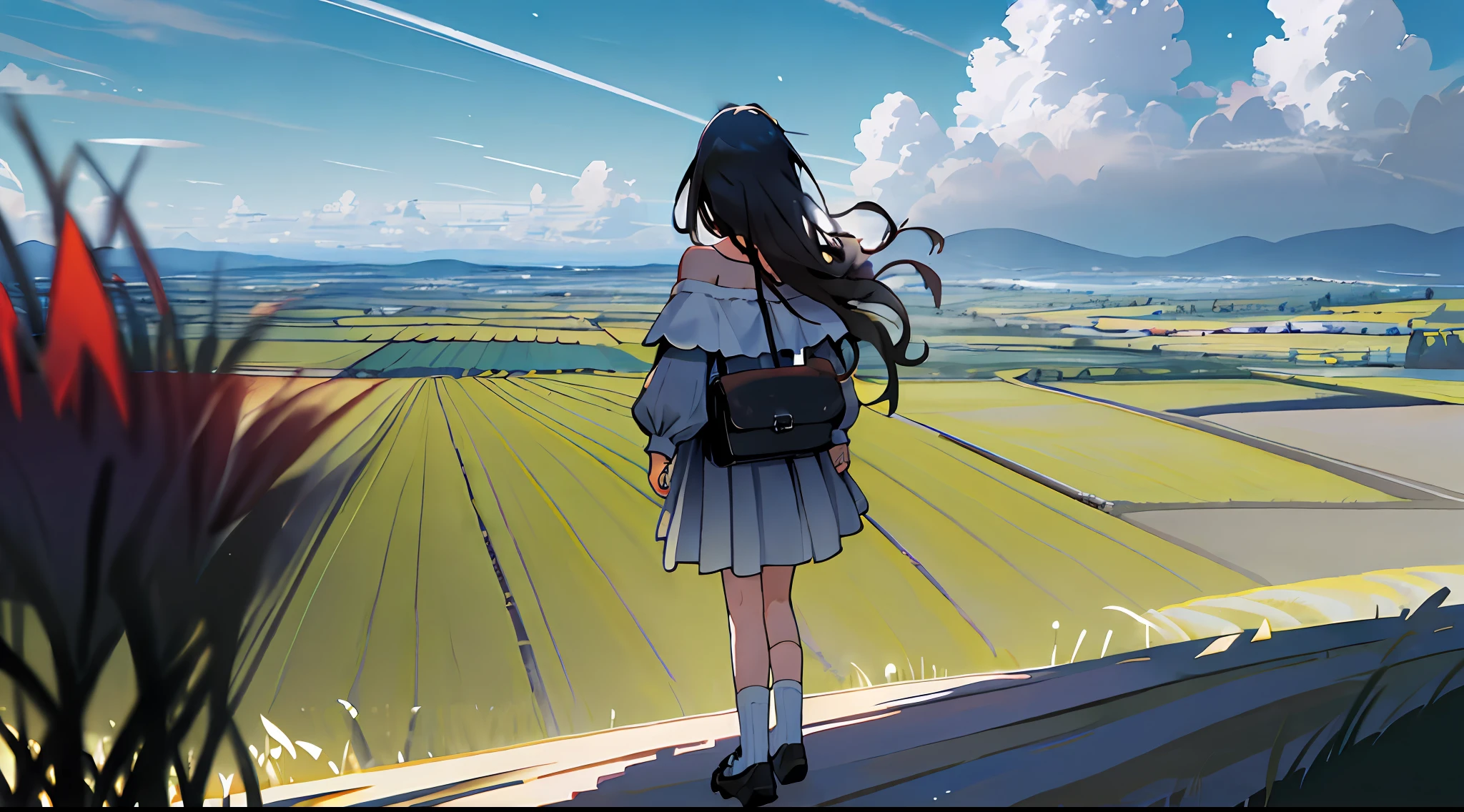masterpiece, High resolution, Ultra detailed CG Unity 8k wallpaper, Best Quality, Ultra Detail, (Best Shadow), ((2 girls)), Landscape with fireworks in the distance, Flowers, Off shoulder dress, Long hair, Adjusted hair, Floating hair, Meadow, Daylight, Daytime, Cloudy, Standing, Castle, (from behind)), vanishing point, Field, Countryside, Rice field, View view, Panorama, Overlook, Socks, (High contrast: 0.8), (distant)), blurred foreground, shoulder bag,
