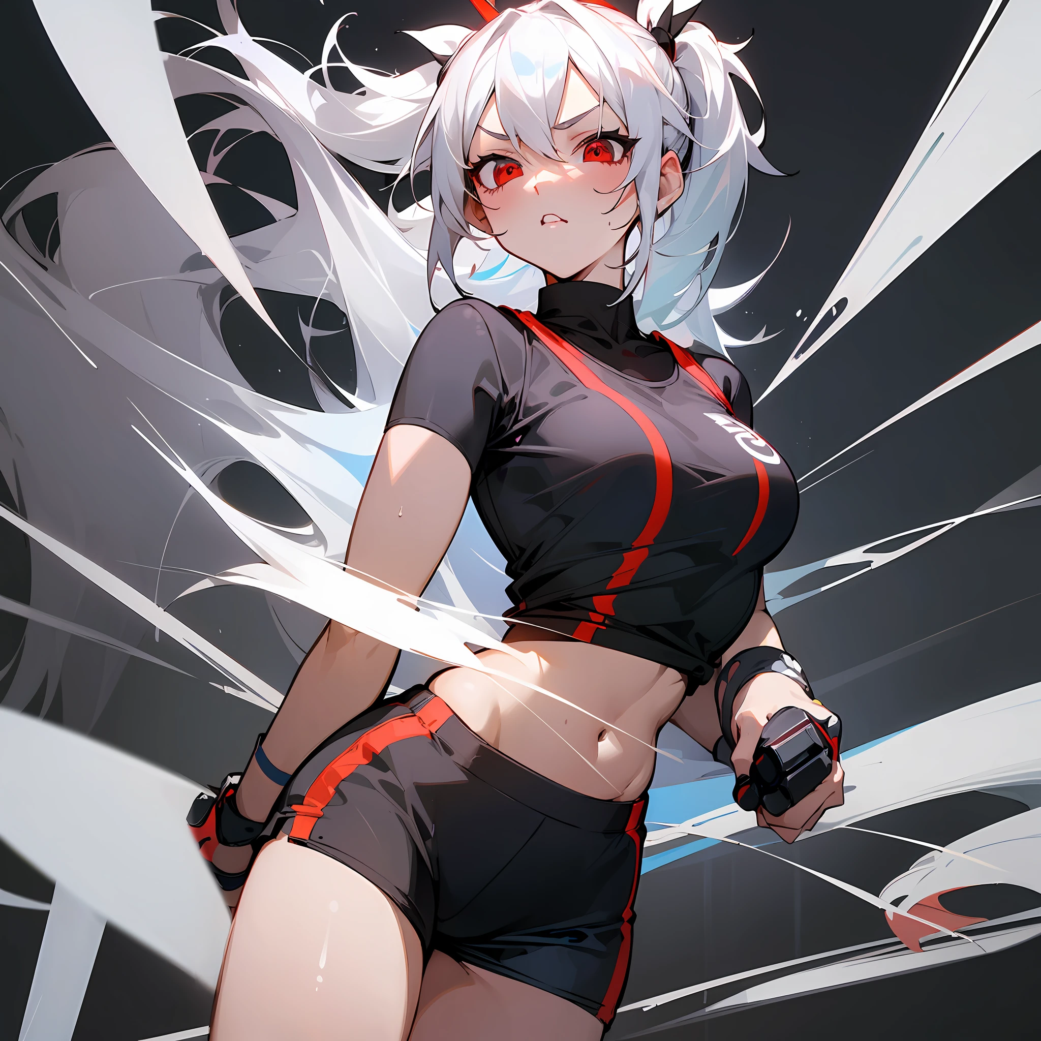 (Pure and simple, sporty style, black background, white haired girl, red eyes\], sports bras, sports shorts, vista, tsundere emoji)