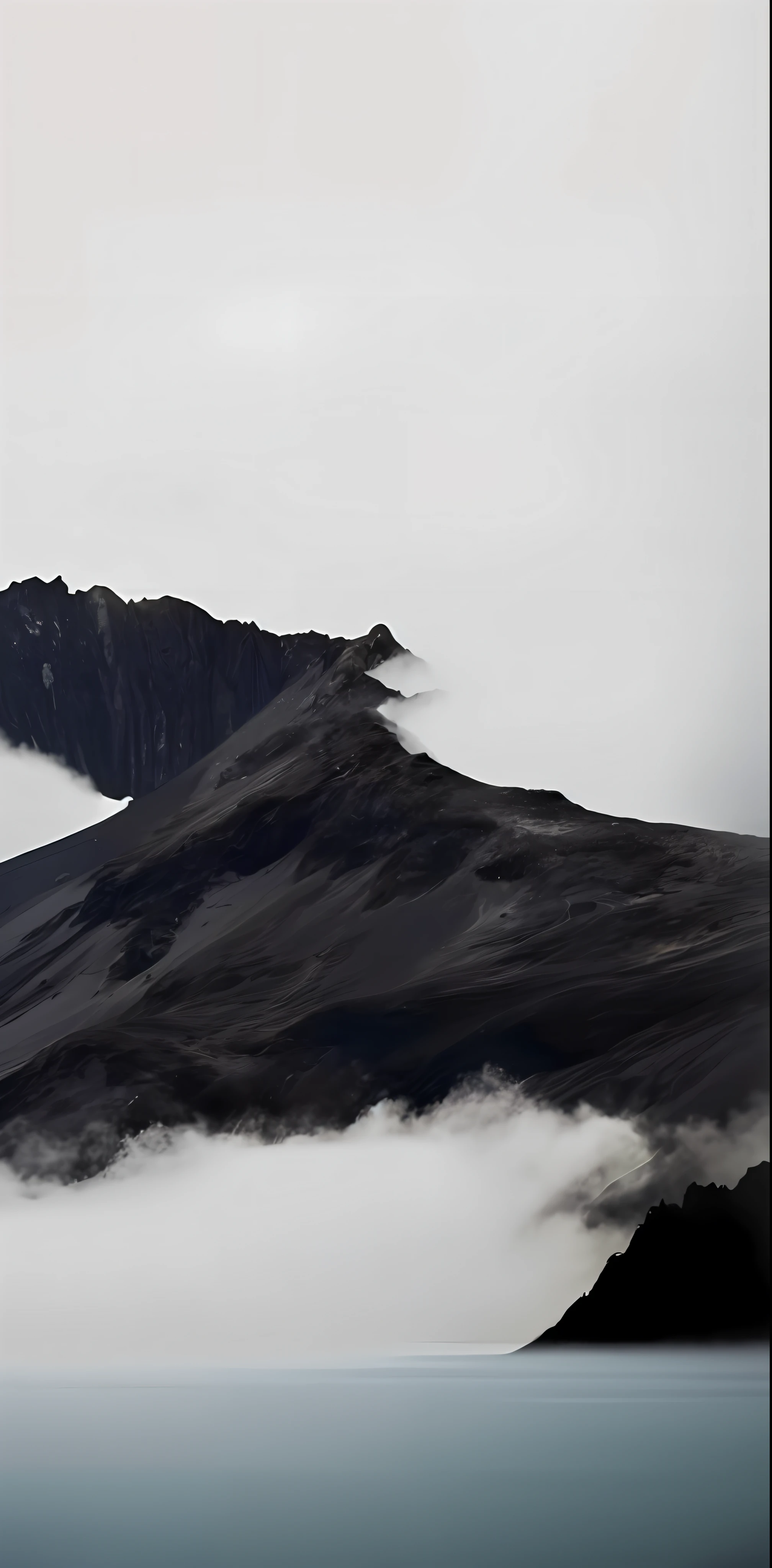 there is a large mountain with a large rock in the middle, mountain scape. film still, volcano fog, sci-fi of iceland landscape, black volcano afar, destroyed mountains, iceland photography, mountains in a background, mountainscape, mountain in the background, mountain in background, by Johannes Voss, moutains, volcanic landscape, volcano landscape, mountains in fog background