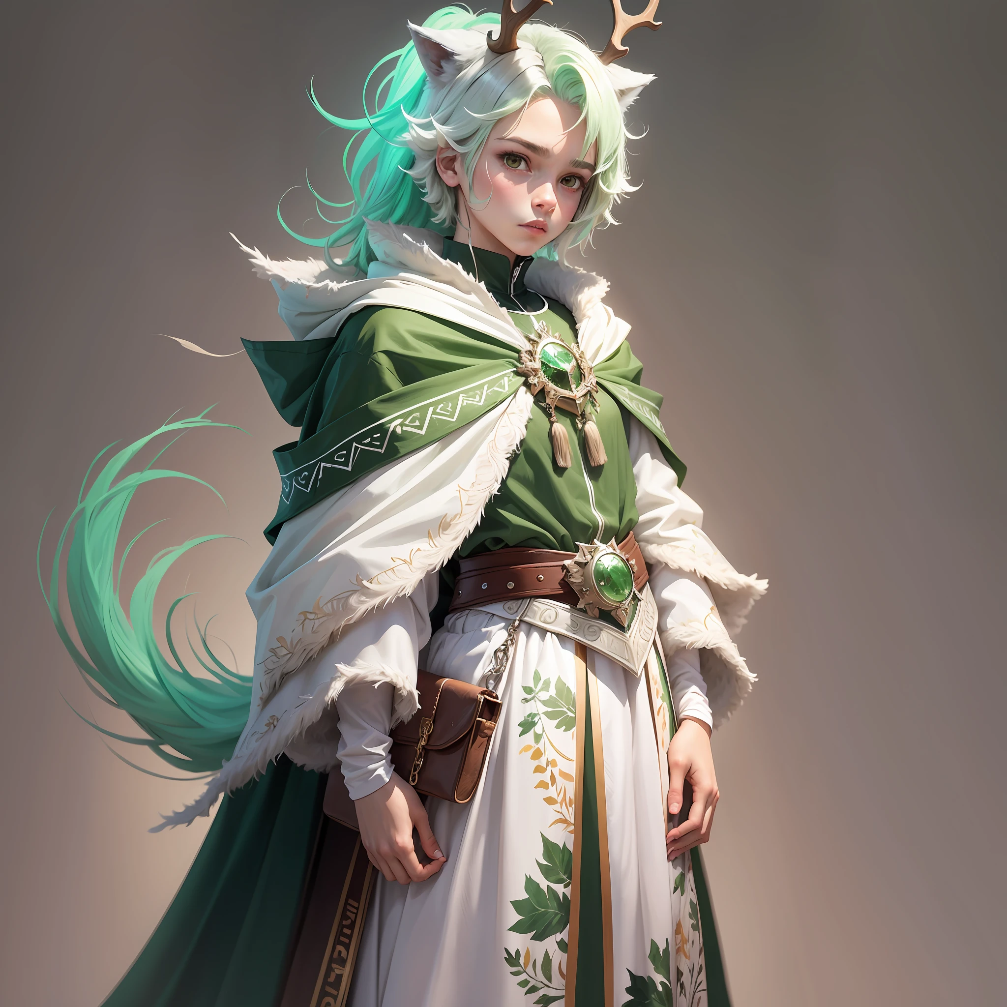 Standing painting gender: male
Age: 18
Height: 176/juvenile size
Hairstyle: Wolf tail/antlers
Clothing: White cape (green pattern) / casual wear / functional style --auto --s2