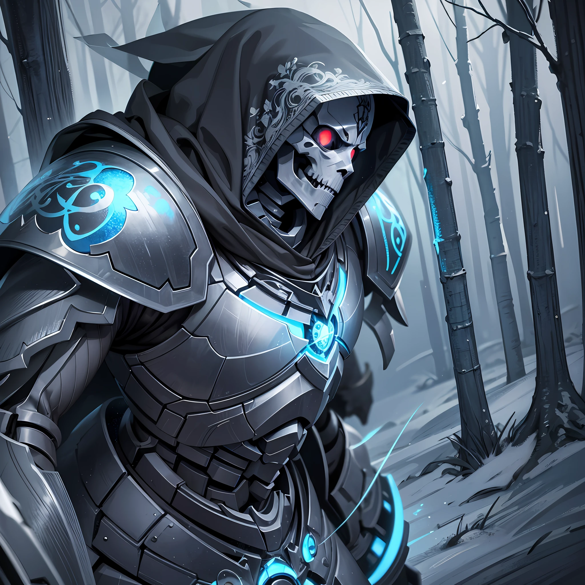 Anime,Skeleton warrior,anime,wearing knight armour with a hood,skull knight,Amazing, finely detail, masterpiece,best quality,official art, glowing right blue eye, skeleton, serious look, intimidating, raining,woods,forest, surrounded by the undead skeletons, extremely detailed CG unity 8k wallpaper,octane render, H. R. Giger style, 8k, best quality, masterpiece, illustration, an extremely delicate and beautiful, extremely detailed ,CG ,unity ,wallpaper,highest quality digital art, Stunning art, wallpaper 4k,8k,64k, HD, unparalleled masterpiece, dynamic lighting, cinematic, epicenter