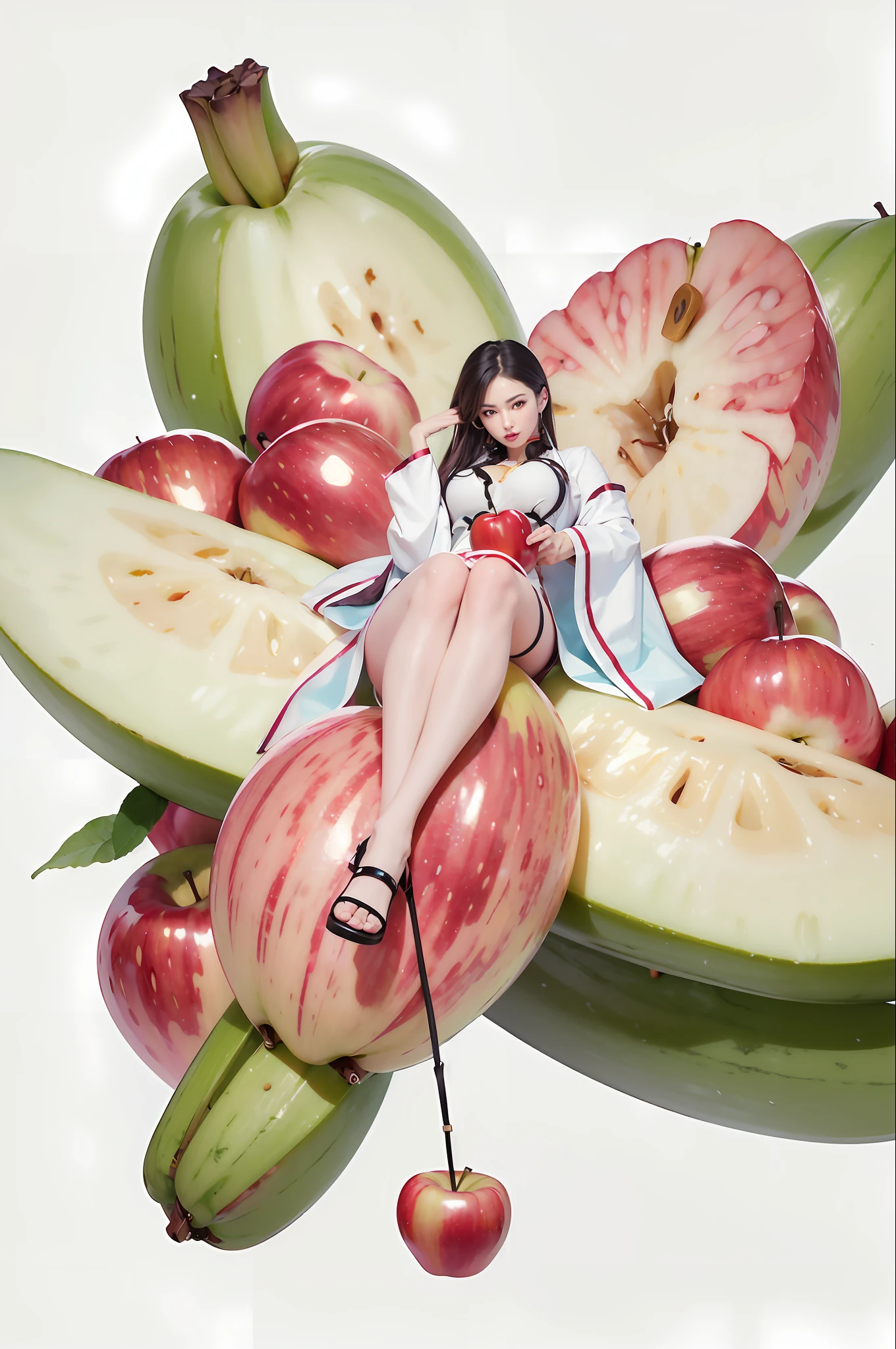 (32K) There is a woman sitting on the fruit of an apple, Charlie XCX, Irelia, Official Artwork, Sakimikan Frank Franzeta, Russell Lu Dongjun, Zhang Jingna, Fei Danxu, inspired by Cheng Yanjun, three-dimensional effect Ayami Kojima, Tifa, Masami Kurata, Chen Lulu