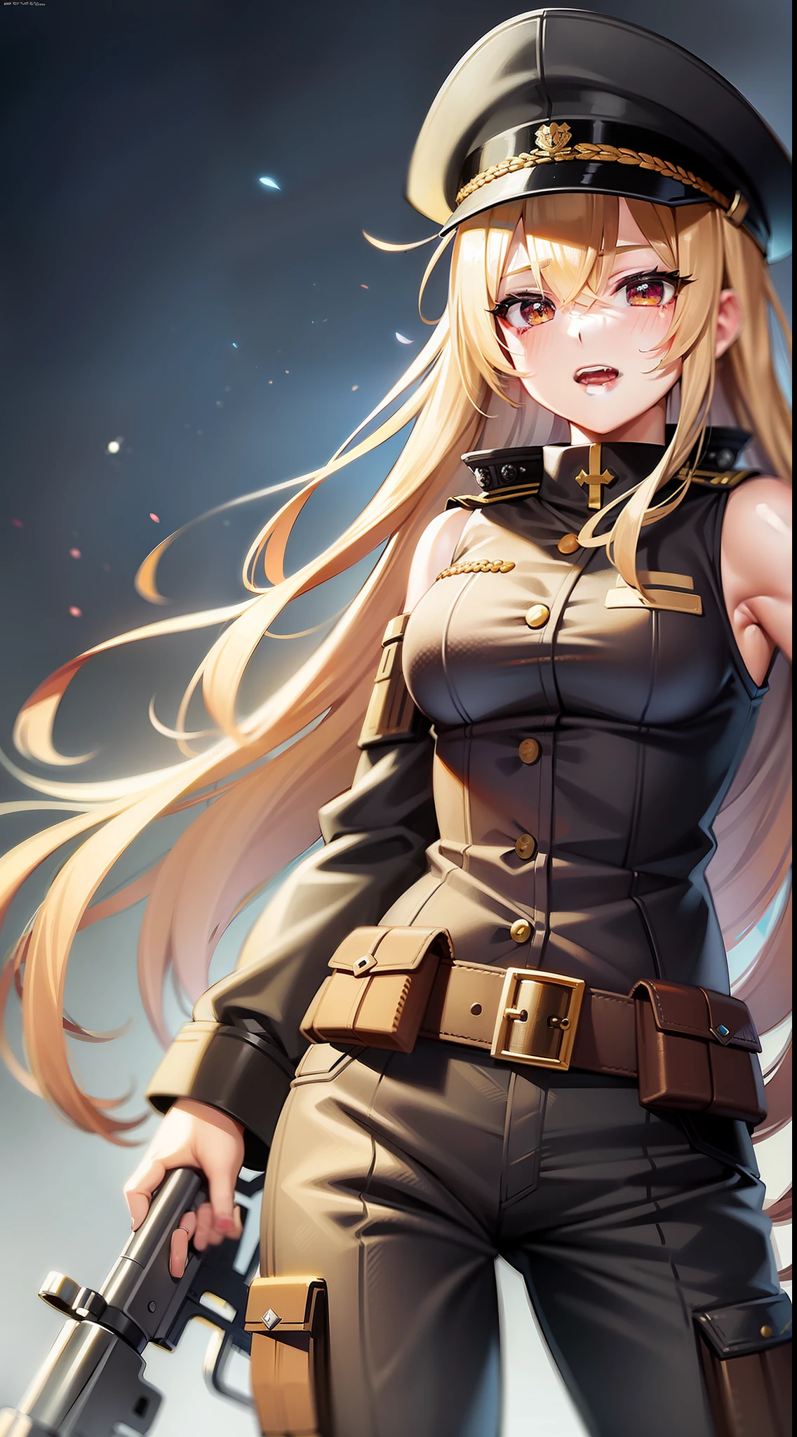 Young girl, long lush blonde hair, brown eyes, soldier's uniform, sleeveless, pants, gun, funny look, masterpiece, high quality