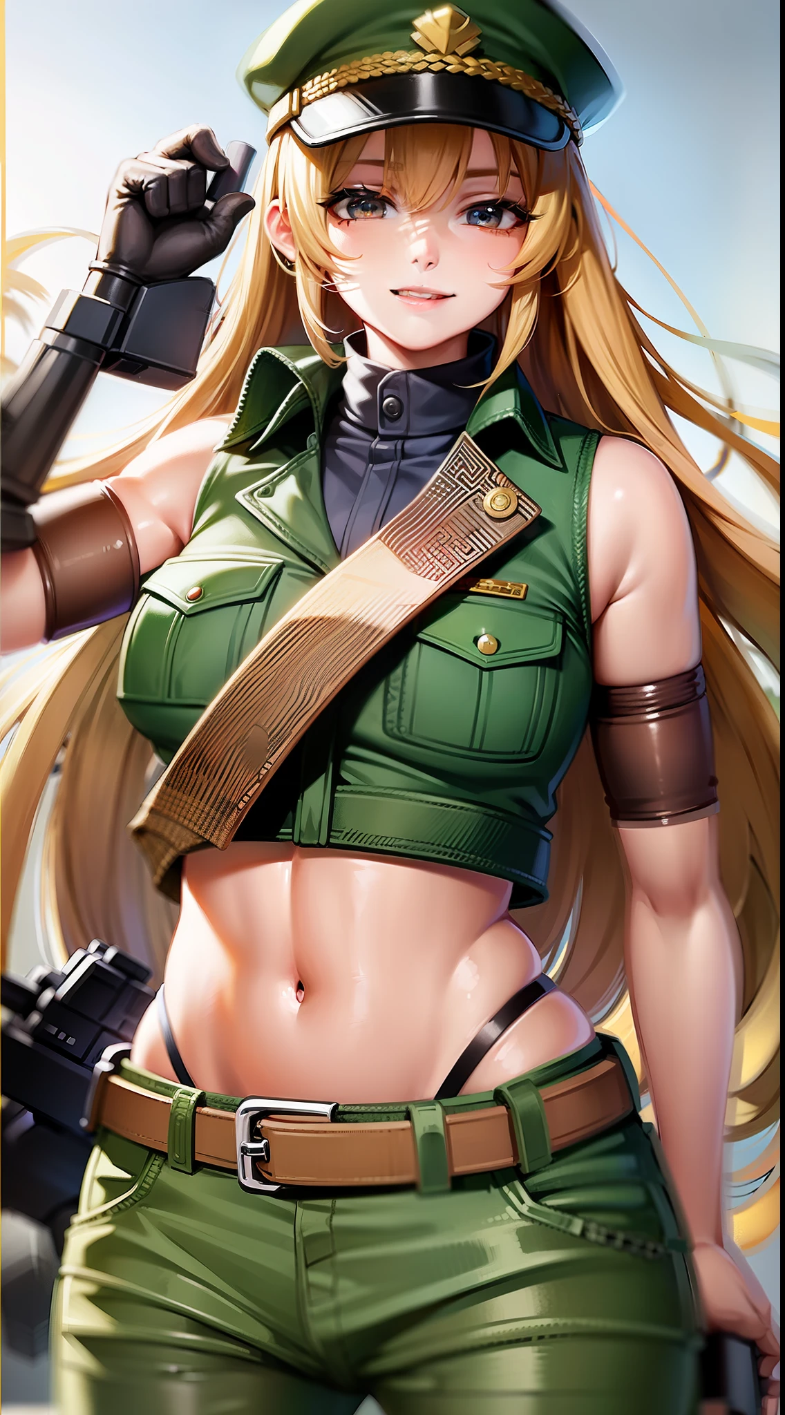 Young girl, long lush blonde hair, brown eyes, soldier's uniform, sleeveless, pants, gun, funny look, masterpiece, high quality
