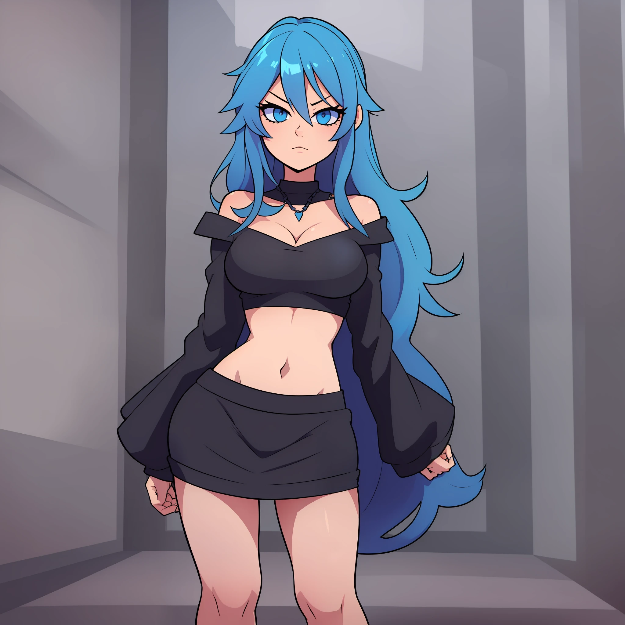 draw a girl blue hair,cute,beautiful,full body,medium chest,blue eyes,black outfit with necklinedraw a girl blue hair,cute,beautiful,full body,medium chest,blue eyes,black outfit with neckline